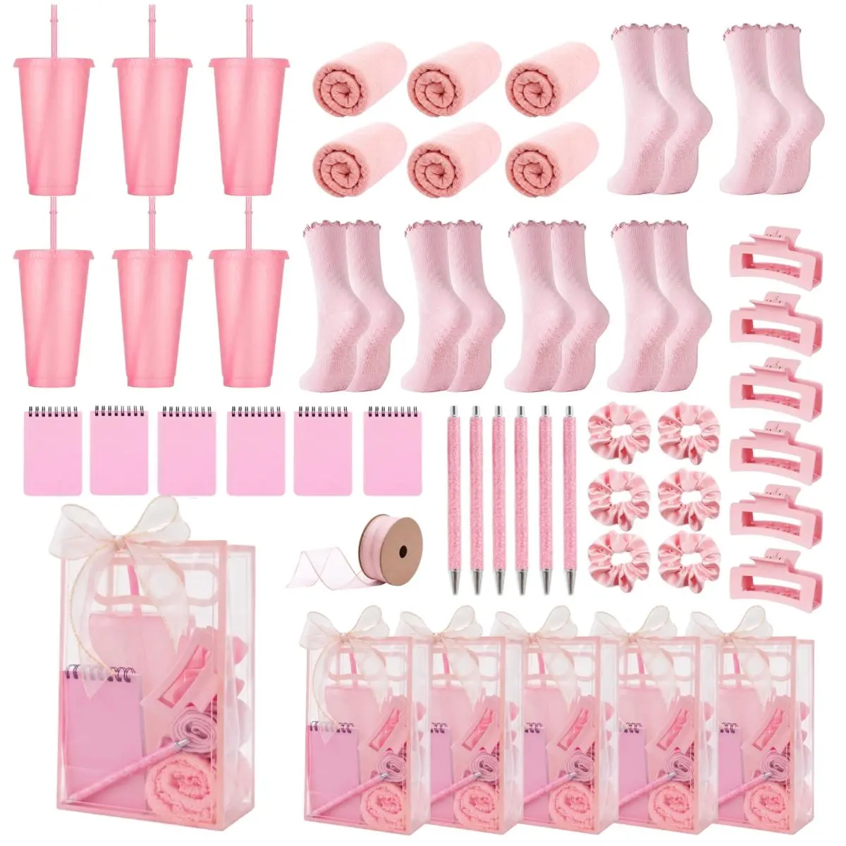 49-Piece Party Favor Packs for 6 Guests, Pink Bachelorette Gift Bags with Satin Scrunchies, 24oz Plastic Tumblers, Non-Slip Grip Socks for Bridal Showers & Wellness Parties, Gift Bag Kit, Bridal Shower Gift