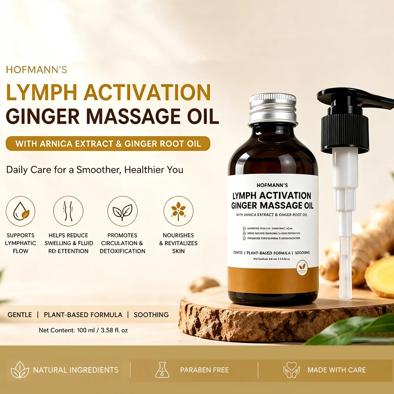 Ginger Oil Lymphatic Drainage Massage, Warming Tired Sore Muscle, Natural Arnica Extract, Grapeseed Oil, Vitamin E, Massage Therapy Oil, Body Oil