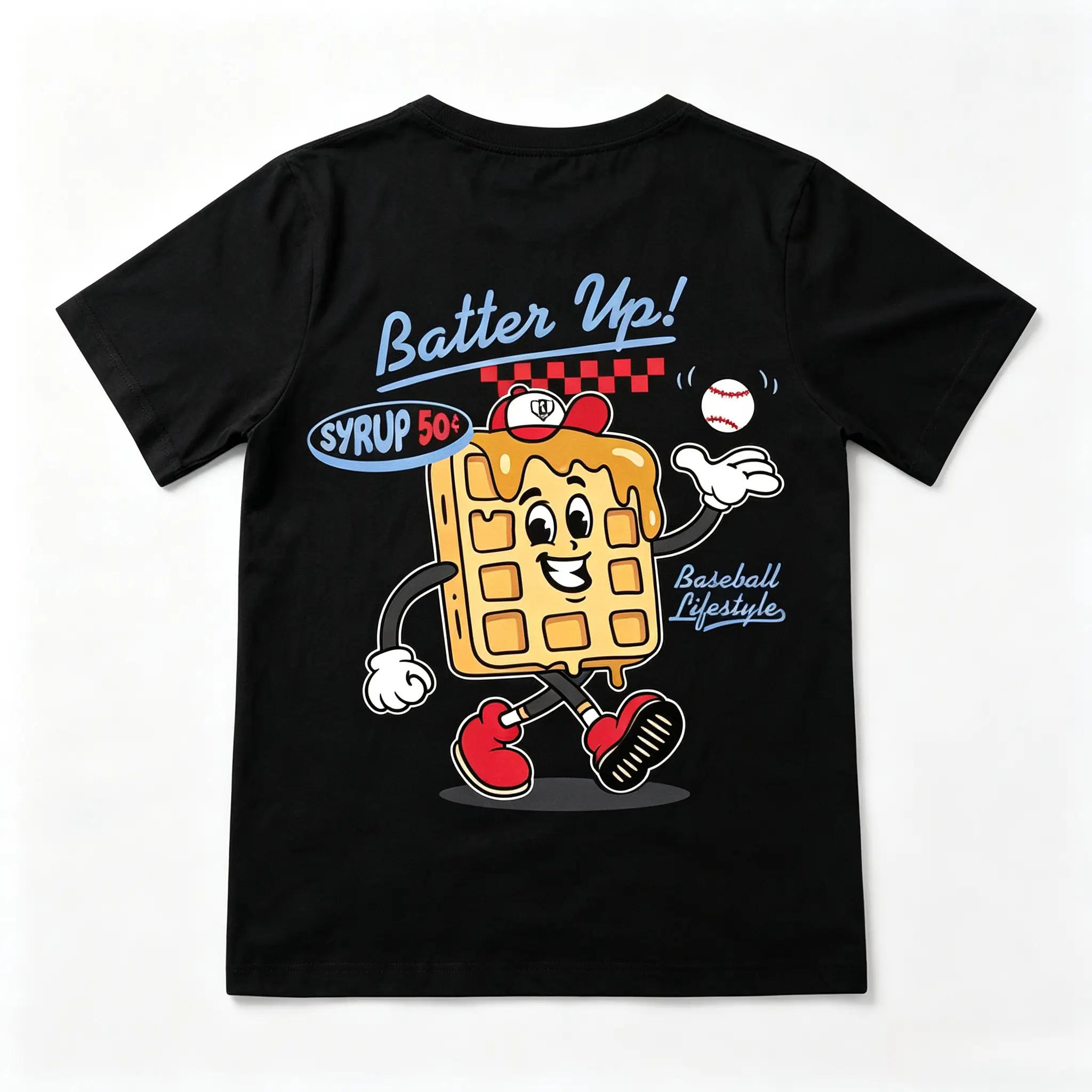 Batter Up Waffle Baseball Cartoon Back Graphic Oversized Cotton T-Shirt, Cute Retro Fashion Outfit, Valentine's Day Gift For Him Her, Holiday Present For Family Friends Casual Tee