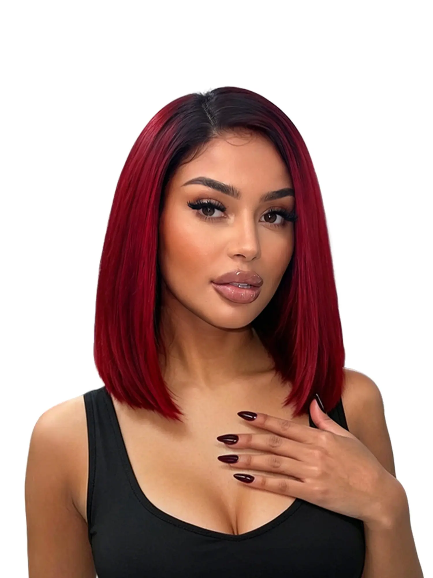 Dark Short Bob Wigs, Ombre Burgundy Natural Straight Bob Wigs for Women, Shoulder Length Synthetic Soft Wigs, Heat Resistant Hair for Daily or Events, Natural Looking Wig