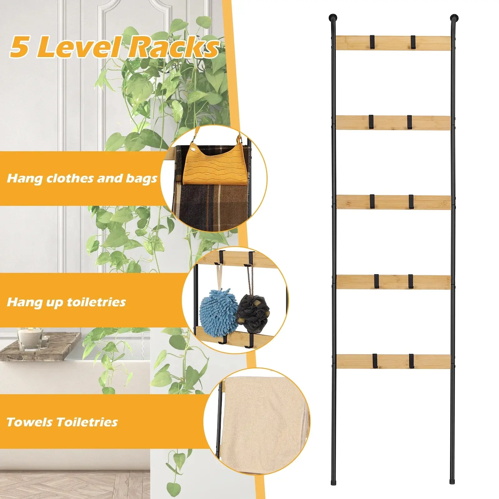 Blanket Ladder, 5-Tier Wall Leaning Rack with 10 Removable Hooks, Stylish & Durable Towel/Quilt Holder for Living Room Bathroom, Rustic Brown & Black Decorative Stand 64.6in kitchen drain shoe storage cabinet on-the-go use space-saving organizer de shelf