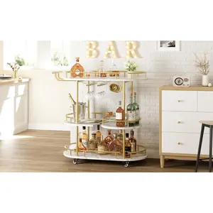 Gold 4-Tier Bar Cart with Wine Rack & Glass Holder – Mobile Metal Serving Trolley – 360° Rotating Utility Cart – Storage Shelves for Kitchen, Dining, Living Room