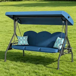 [Summervibes] 3-seater outdoor patio swing chair, supports up to 800 pounds, 2-in-1 design, features adjustable canopy and cup holder, removable seat cushion, comes with stand, suitable for patio, porch, garden, terrace
