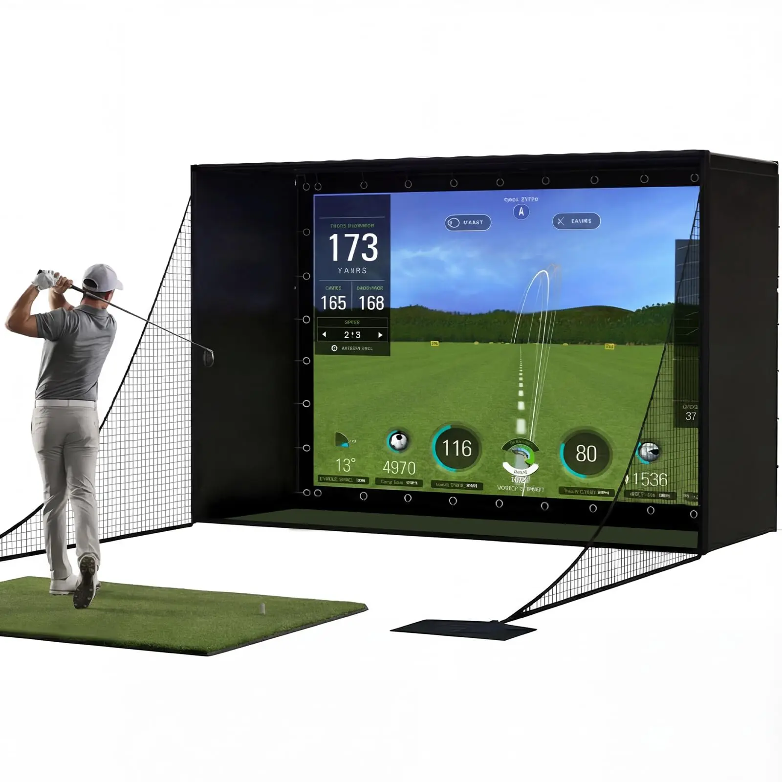 11' x 8' Complete Golf Simulator Enclosure Package, 4K-Ready Impact Screen, Full Blackout Enclosure Cage with Frame Poles, Side Nets & Sandbags, Tool-Free Easy Setup, Indoor Garage Home Office Golf Practice Training System for Beginners & Pro Golfers