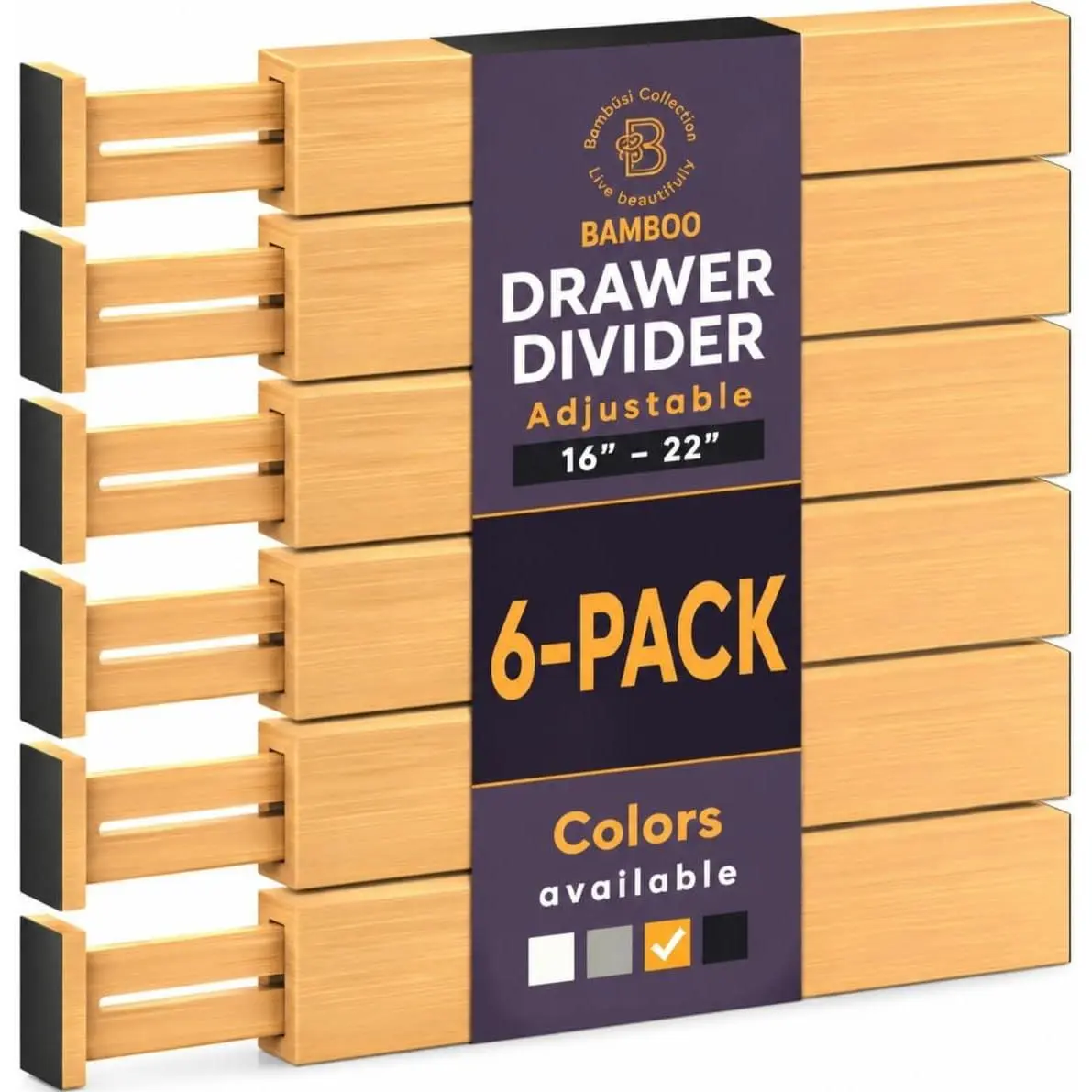 6-Pack Adjustable Bamboo Drawer Dividers, 2.6 Inches High, Expandable 16 to 22 Inches Large Drawer Organizer Separator for Clothes Dresser Kitchen Bathroom Office Baby Storage