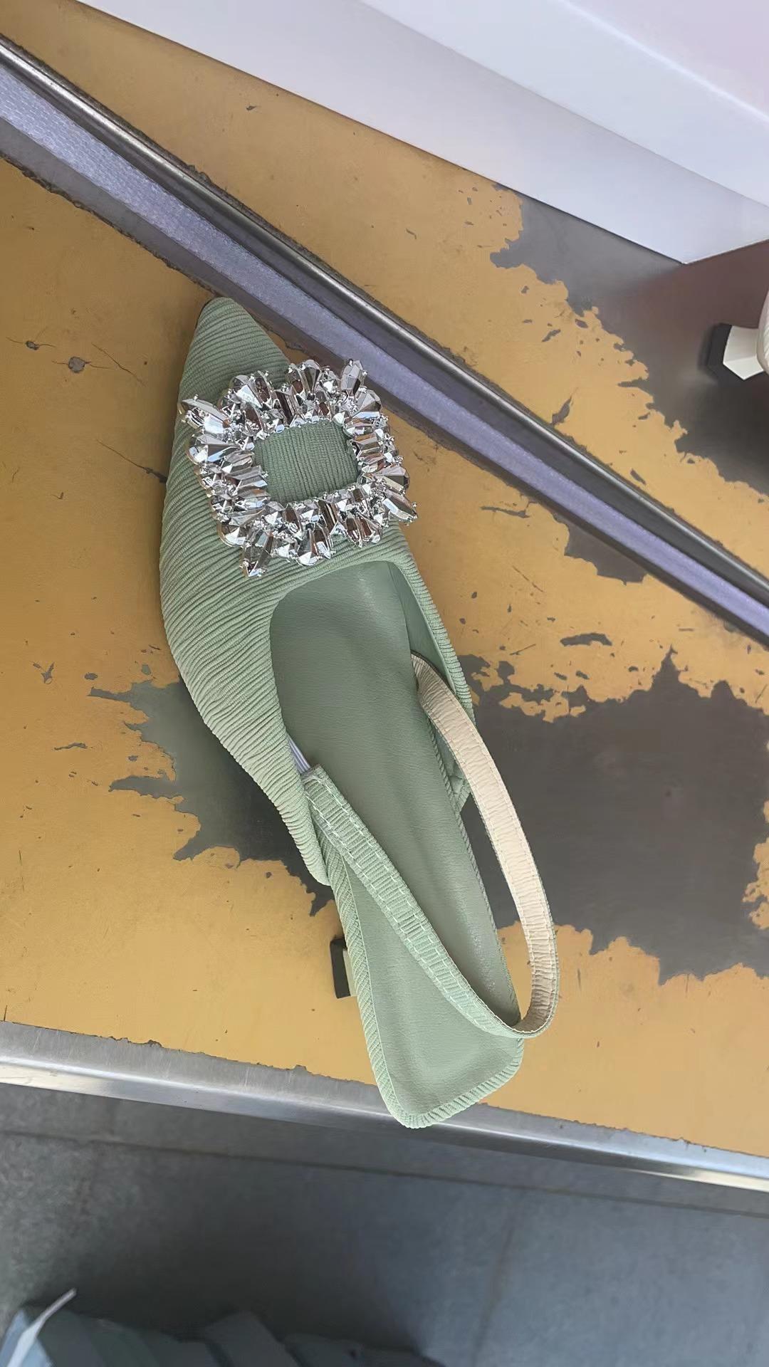 Women Summer Sandals with Rhinestone Square Buckle Fairy Style Open Back French Style Thin High Heel Pointed Toe Shoes