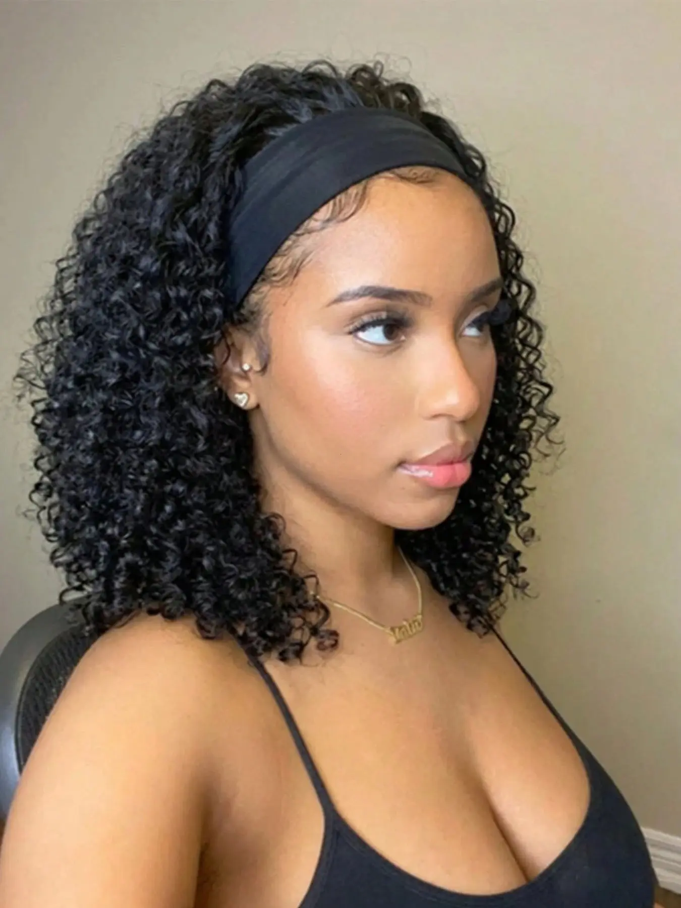 14 Inch Deep Wave Headband Style Wig for Women, Glueless Wear and Go, Heat Resistant Synthetic Hair, Shoulder Length Bob, 1b Natural, Synthetic Wigs