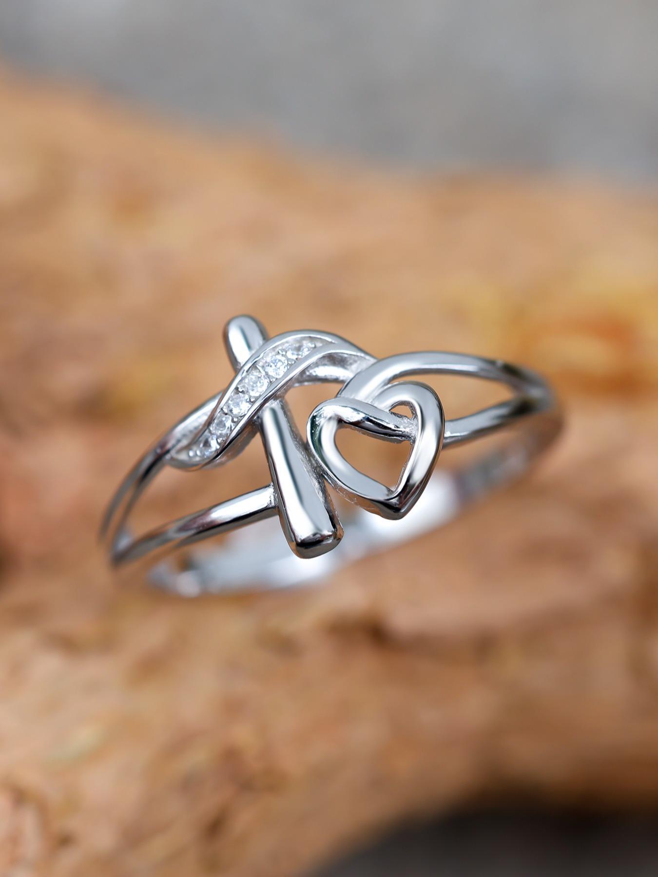 S925 Sterling Silver Hollow Out Cross & Heart Design Ring for Women, Heart Shaped Ring, Fashion Rings, Fashion Jewelry for Party, Daily Decor, Trendy All-match & Exquisite Jewelry for Birthday Gift, with Box