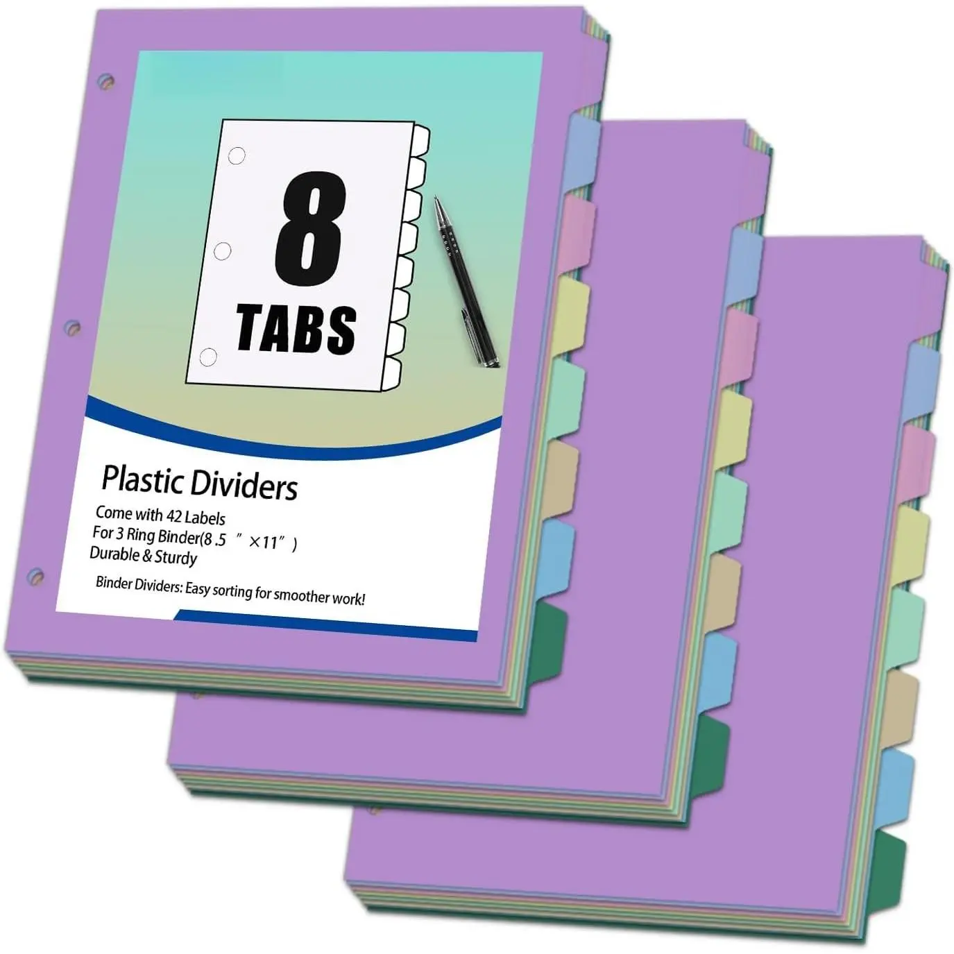 Multicolor Pastels 3-Ring Binder Dividers, 24-Count (3 Sets) with 8 Write-Erase Tabs, Plastic Page Dividers for School & Office Standard Binders