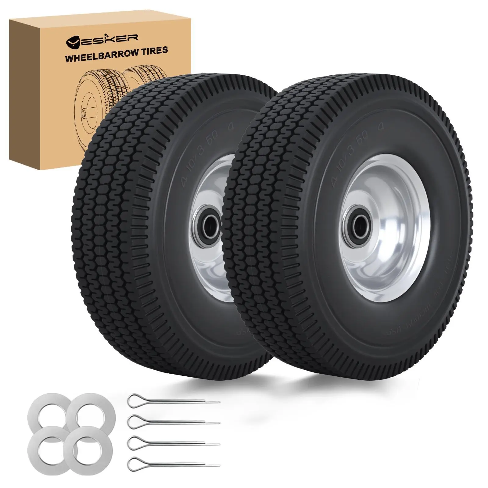 Yesker 4.10/3.50-4" Durable Flat Free Tire & Wheel Replacement Set, 10" Solid PU Tire with 5/8" Axle Bore Bearing Axle for Wheelbarrows, Garden Carts, 2 Pack
