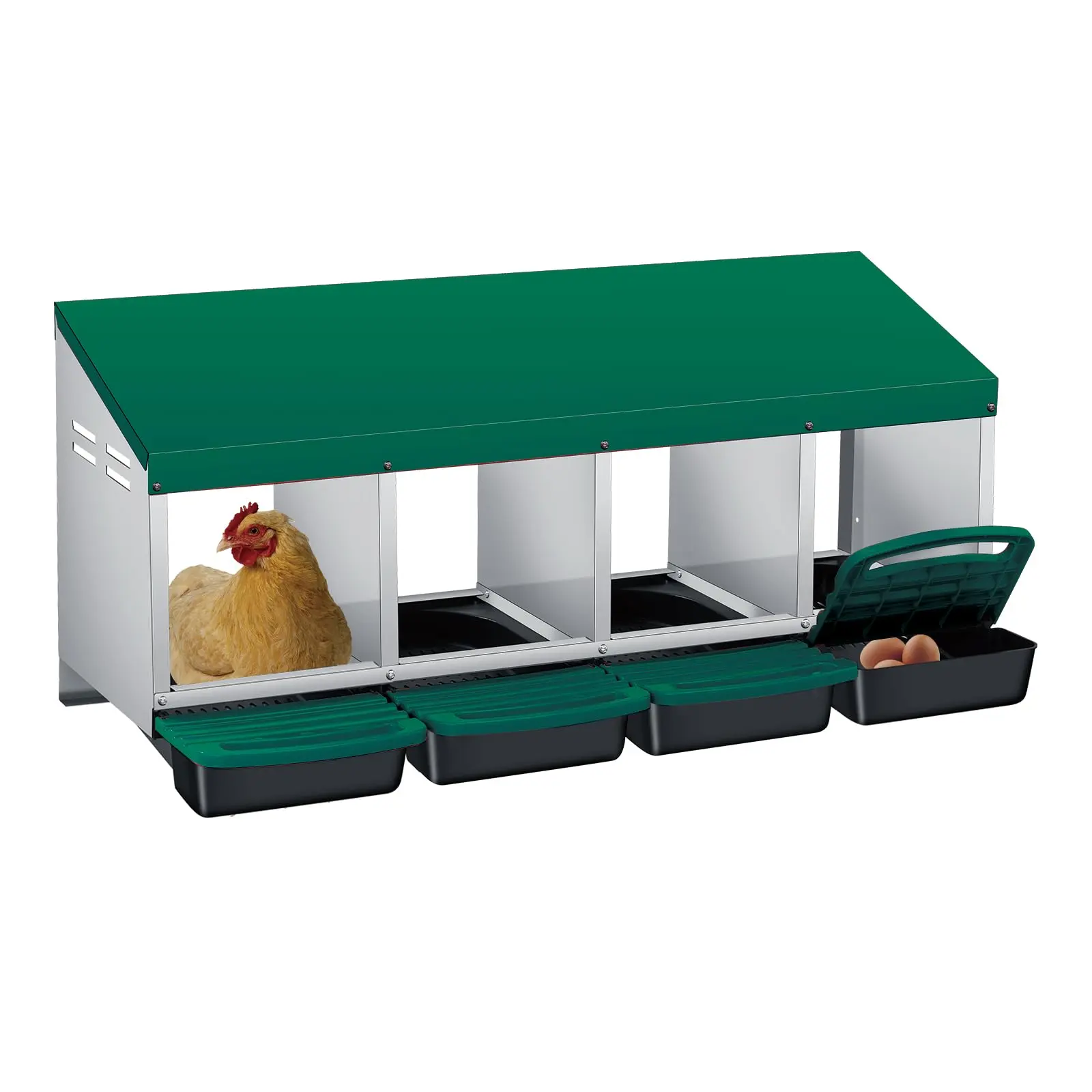 【Garvee】 Chicken Nesting Box – 3-4 Compartments, Roll Away Egg Trays, Durable Galvanized Steel, Wall Mount/Freestanding, Automatic Egg Protection