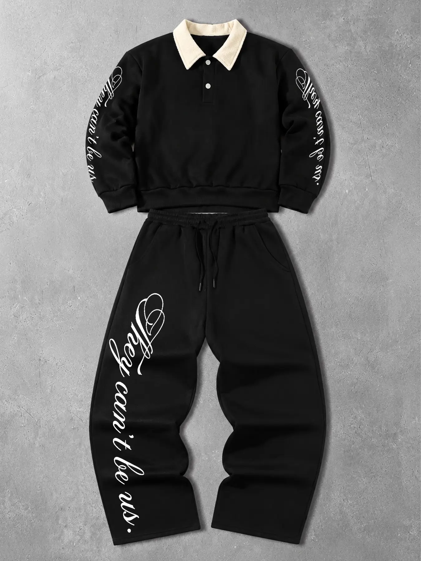 Men's Y2K Streetwear 2 Piece Tracksuit Set: Oversized Contrast Collar Polo Long Sleeve Sweatshirt with Gothic Letter Print & Baggy Wide Leg Sweatpants Outfit Letter Print Sweatsuit