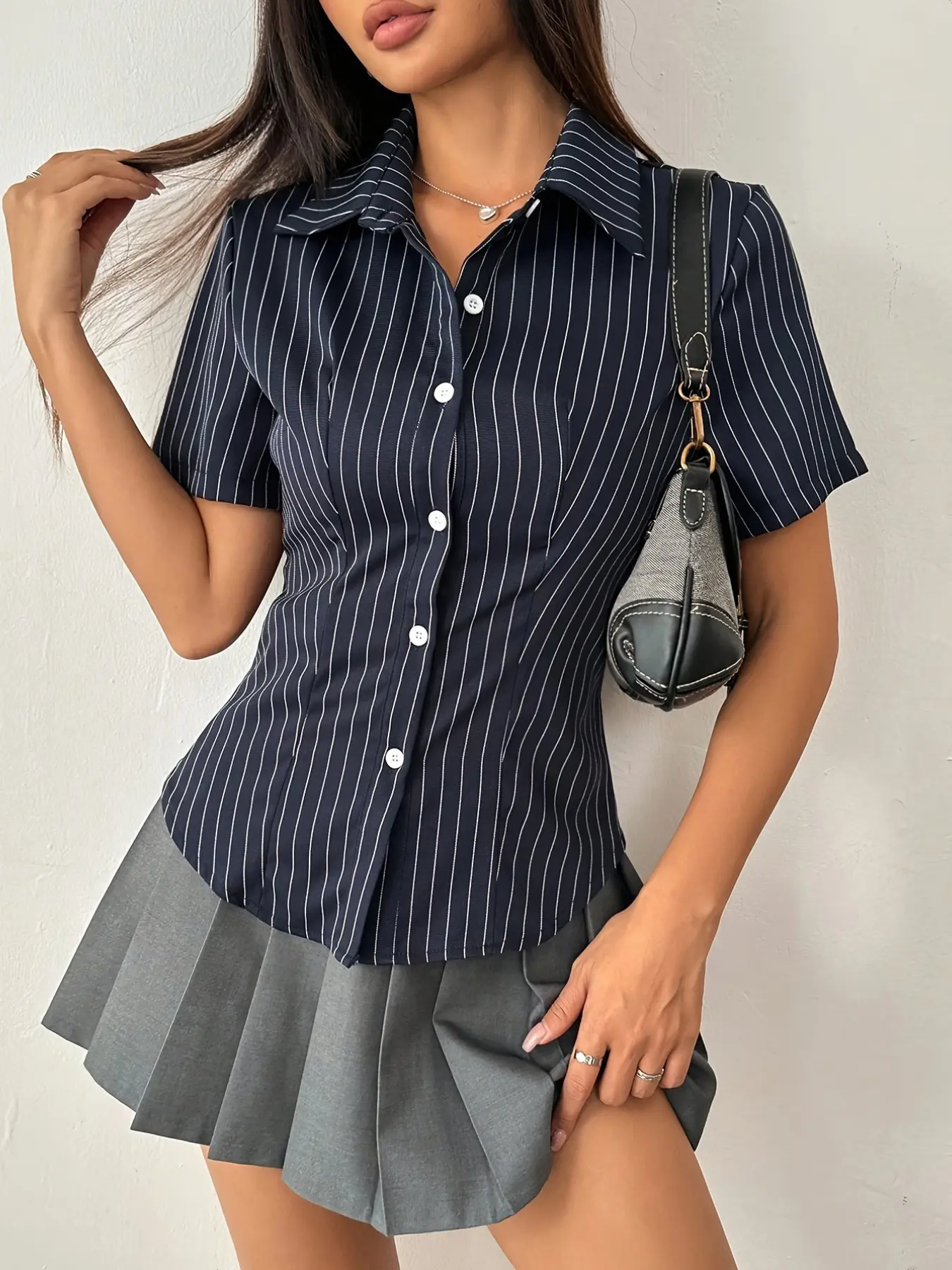 Elegant French Style Women's Summer Striped Collar Waist Cinch Slim Fit Short Sleeve Button Up Blouse Shirt, Casual Elegant Classy Fashionable and Comfortable Design