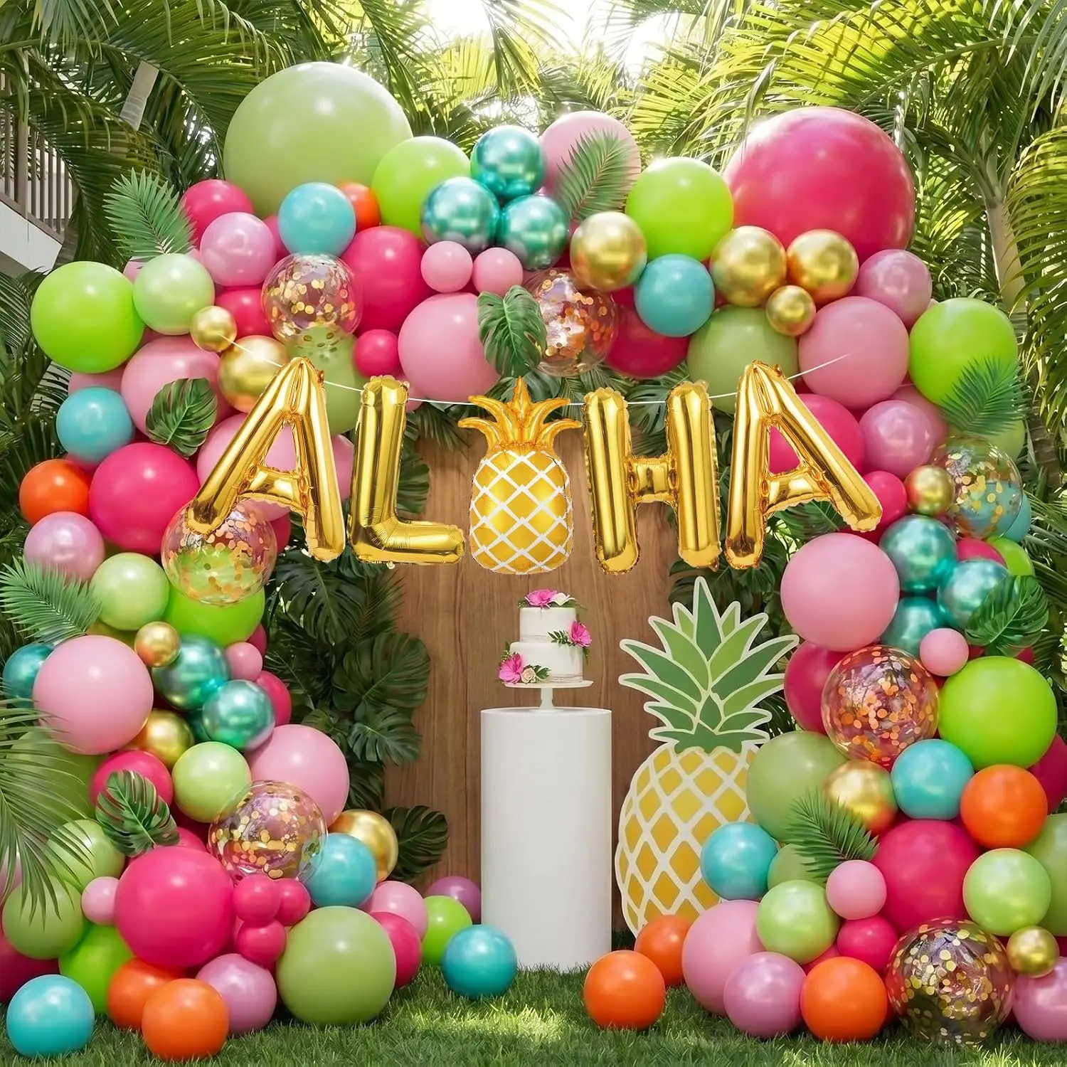 171 count Tropical Balloons Arch Garland Kit, Hawaiian Luau Aloha Party Decorations with Olive Green Hot  Orange Rose  Confetti Balloons Palm Leaves for Summer Party  Shower Wedding Birthday
