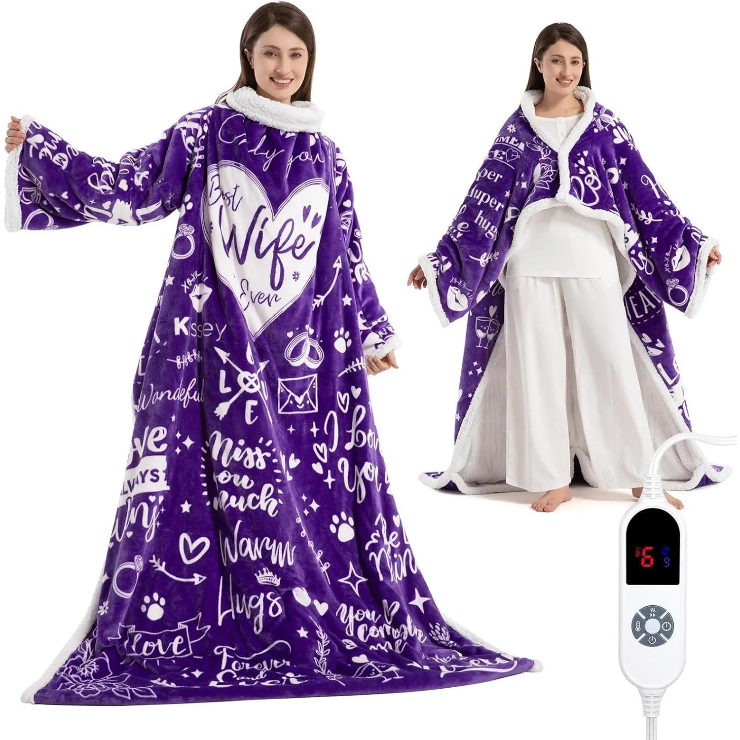 Women's Wearable Heated Blanket with Sleeves & Foot Pocket - Heated Robe, 3 Heat Levels & Timer, ETL Safe, Purple, Unique Christmas/Birthday Gift for Wife