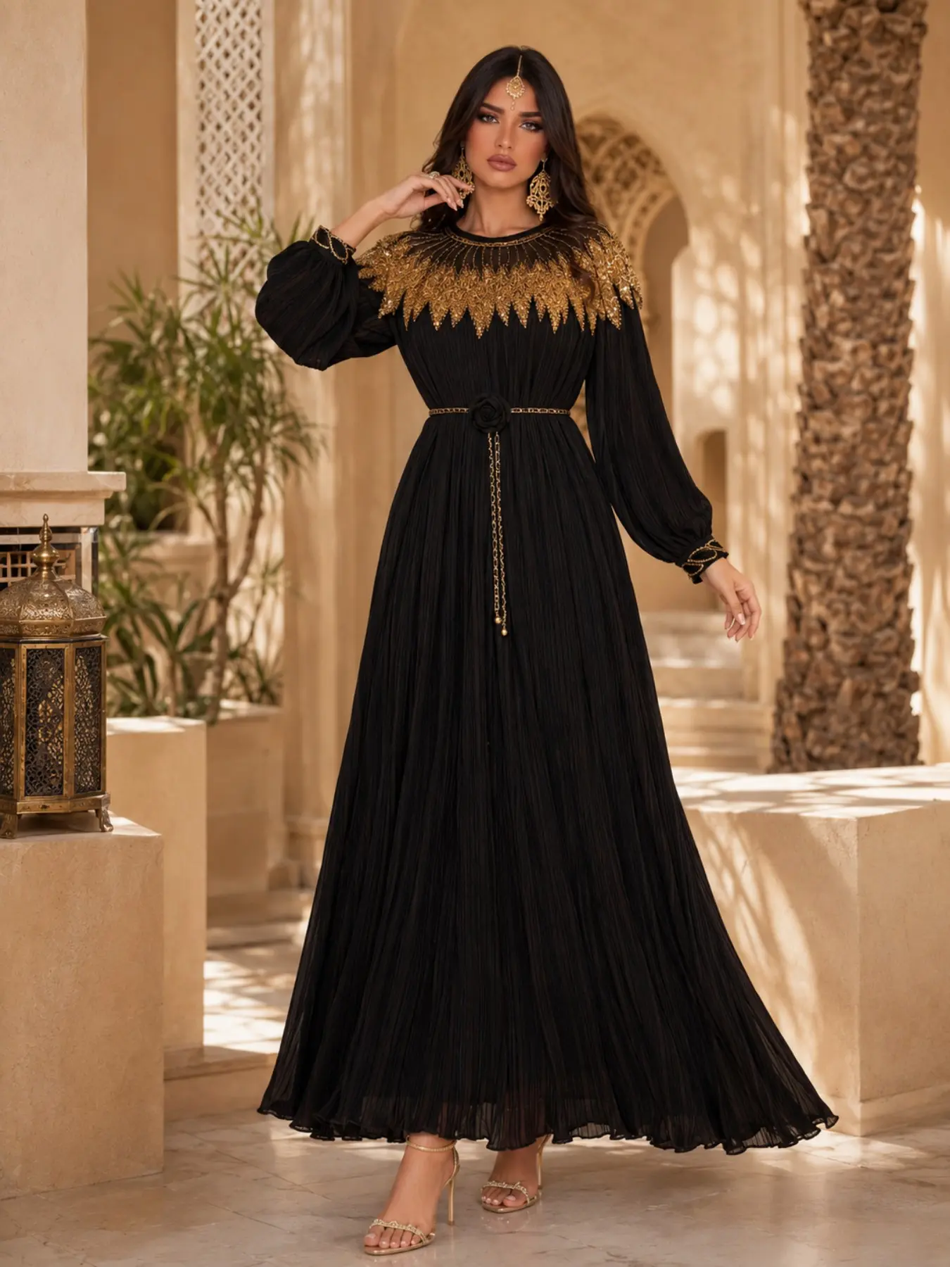 Gold Sequin Muslim Maxi Dress, Pleated Bubble Sleeve Arabic Gown, Belted Evening Wear, Long Sleeve, Loose-Fit, All Seasons