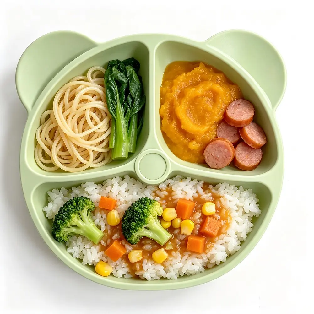 Bear Shape Silicone Plate, Feeding Bowl with Three Compartments, Suction Base Cutlery Plates