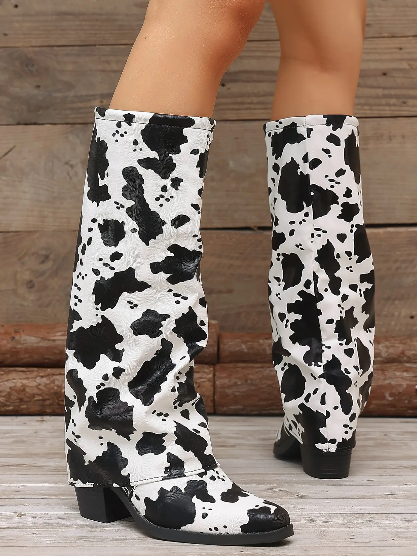 American Cow Print Wide Leg Western Boots for Women, Unique High Ankle Long Boots, Vintage Square Toe Low Heel Folded Knight Boots, Street Fashion Female Boots