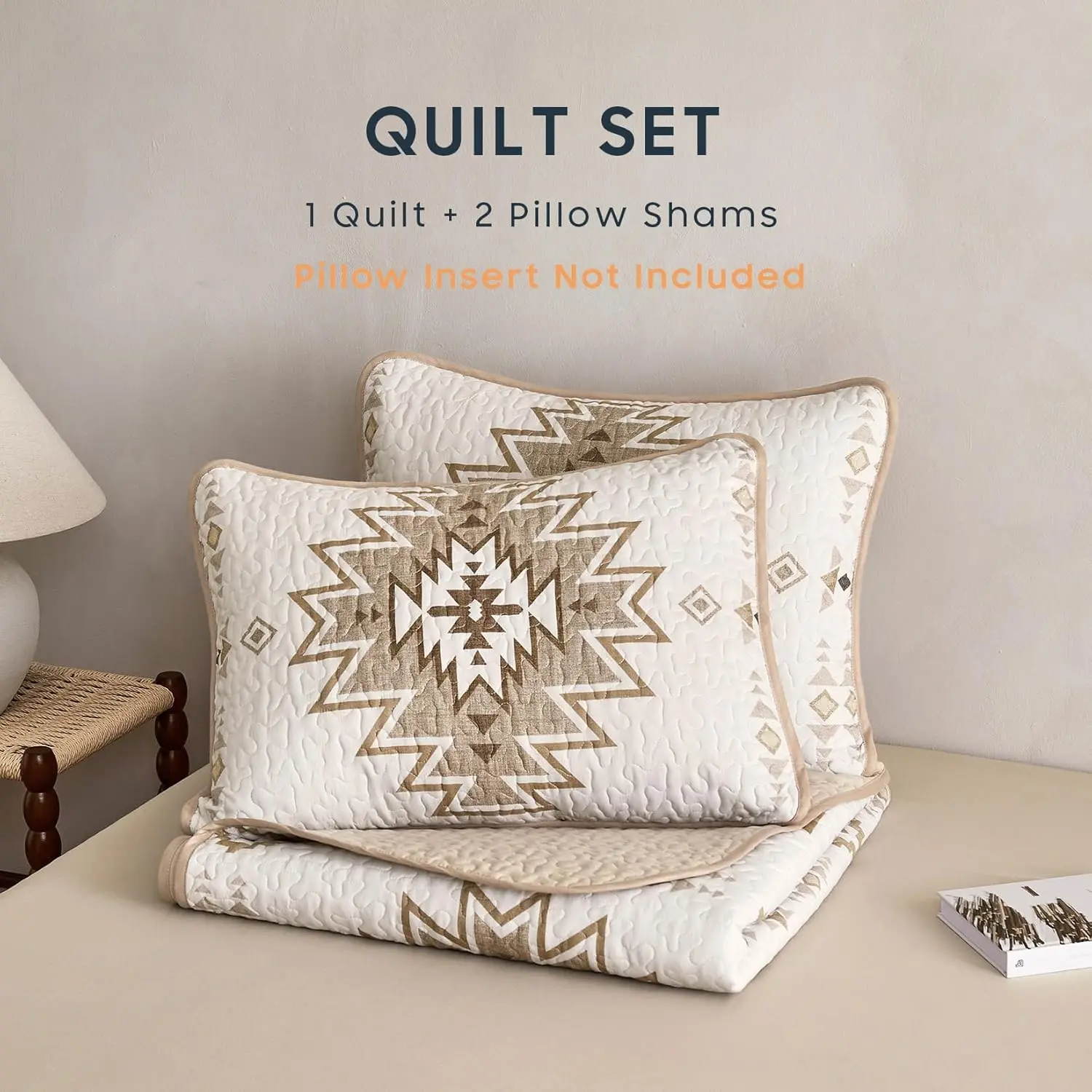 3-Piece Classic Microfibre Summer Farmhouse Aztec Quilt Set - Reversible Lightweight Southwestern Geometric Pattern Bedspread with Bed Skirts, Beige Brown Full Queen Bedding for Bedroom Decor, Machine Washable