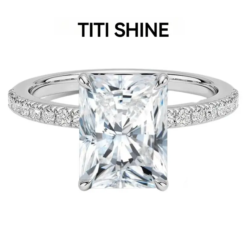 TITISHINE 3CT/5CT S925 Sterling Silver Classic Promise Ring for Female, Radiant Cut Cubic Zirconia Pavé Band, Diamond-Like Sparkle Wedding Anniversary Gift with 12 Months Validity Note