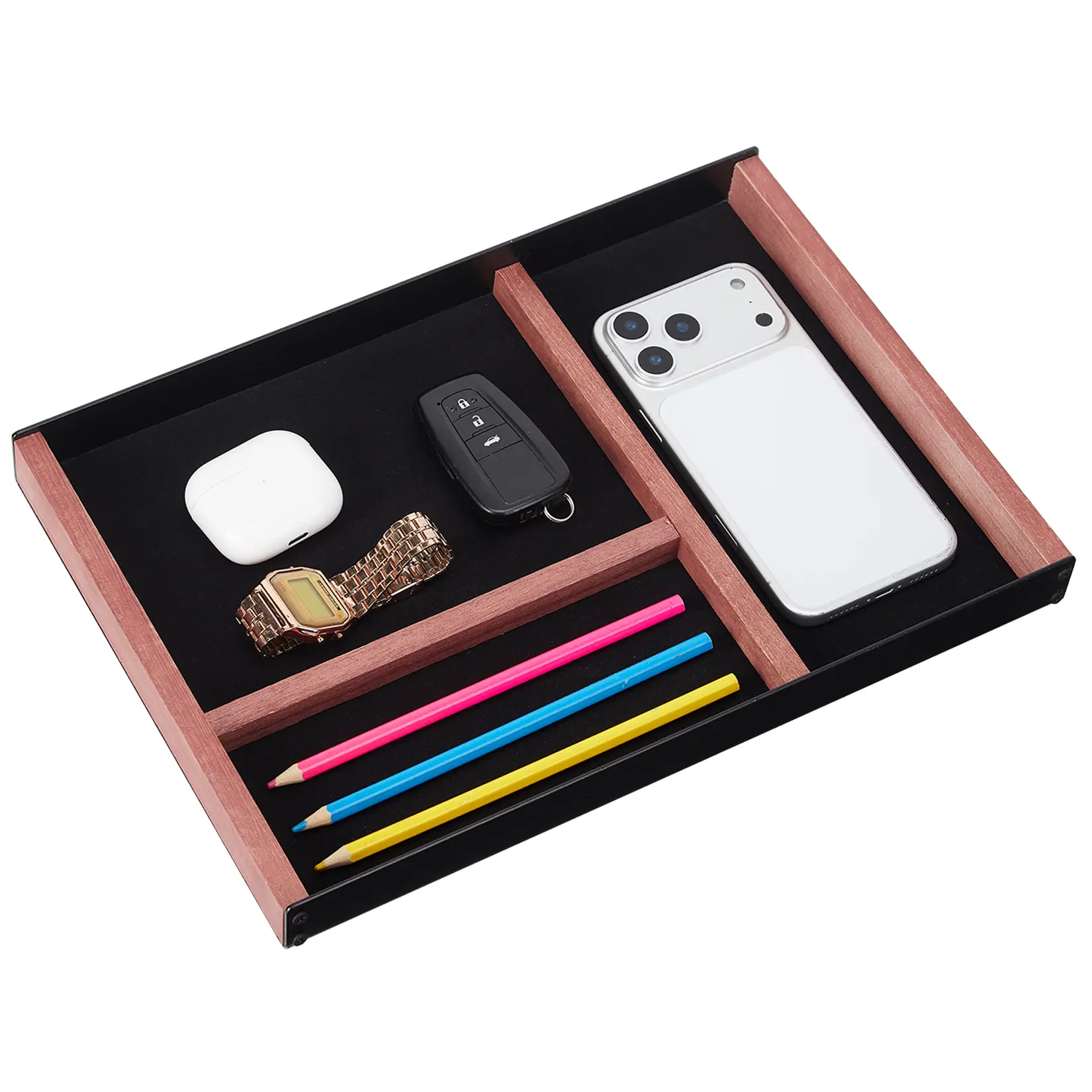 Minimalist 3-Compartment Desk Drawer Organizer – Iron & Paulownia Wood Caddy for Office or School – Multi-Purpose Desktop Storage for Pens, Keys, Phone & Accessories, Black & Wood Tone