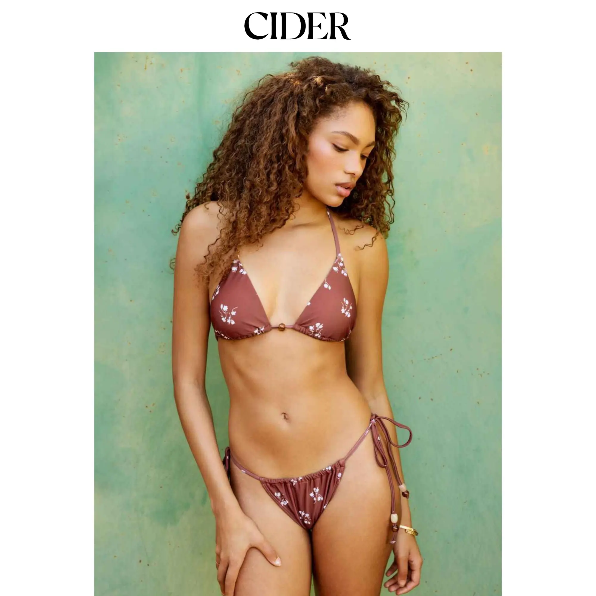 Cider Halter Neckline Floral Beaded Triangle Bikini Set