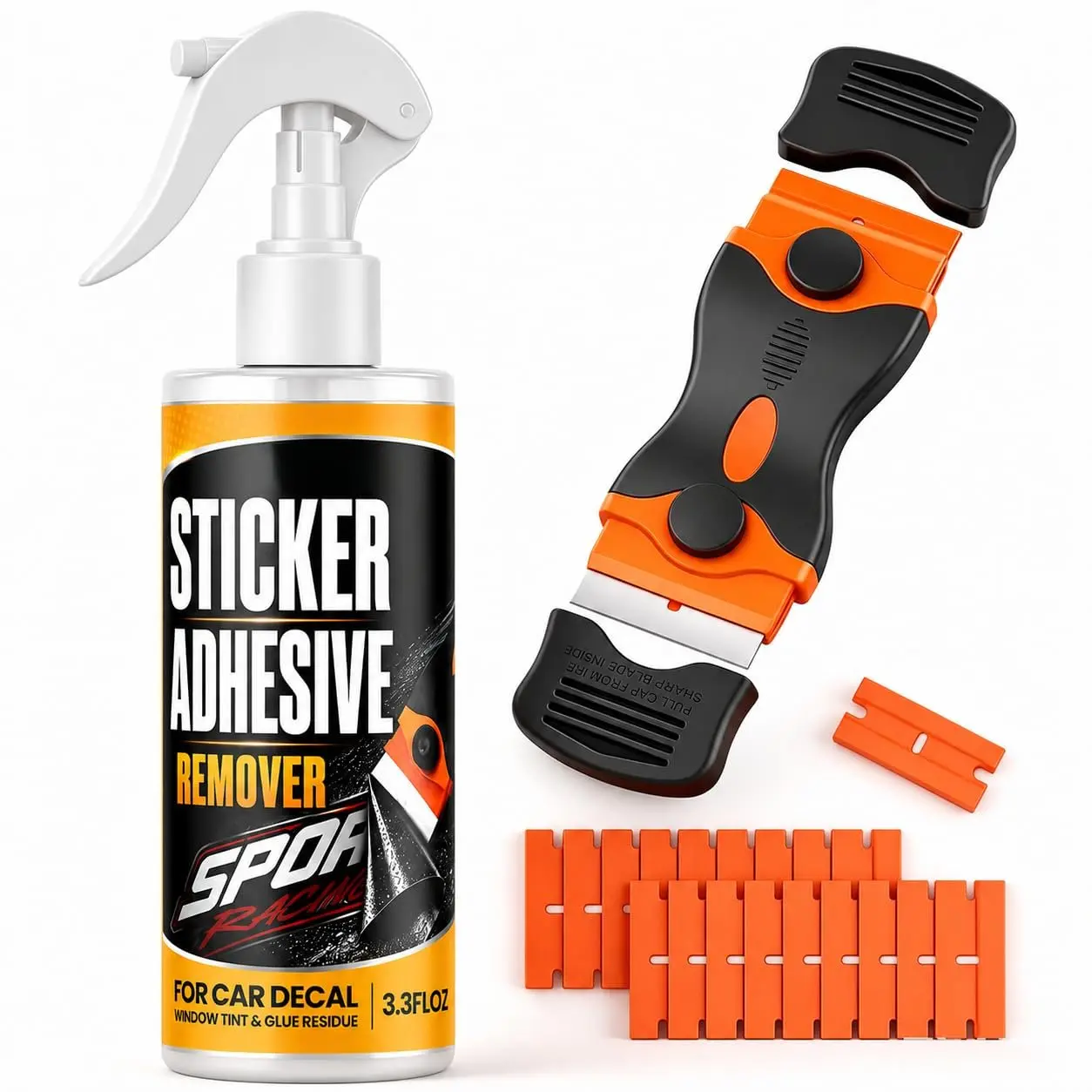 Adhesive Sticker Remover for Removing  Decal, Window Tint, Glue  - 3.3 oz  & Scraper with 19 Plastic Razors, Rapid-Remove Multi Stickers  , Windshield, Glass, Wall, Boat