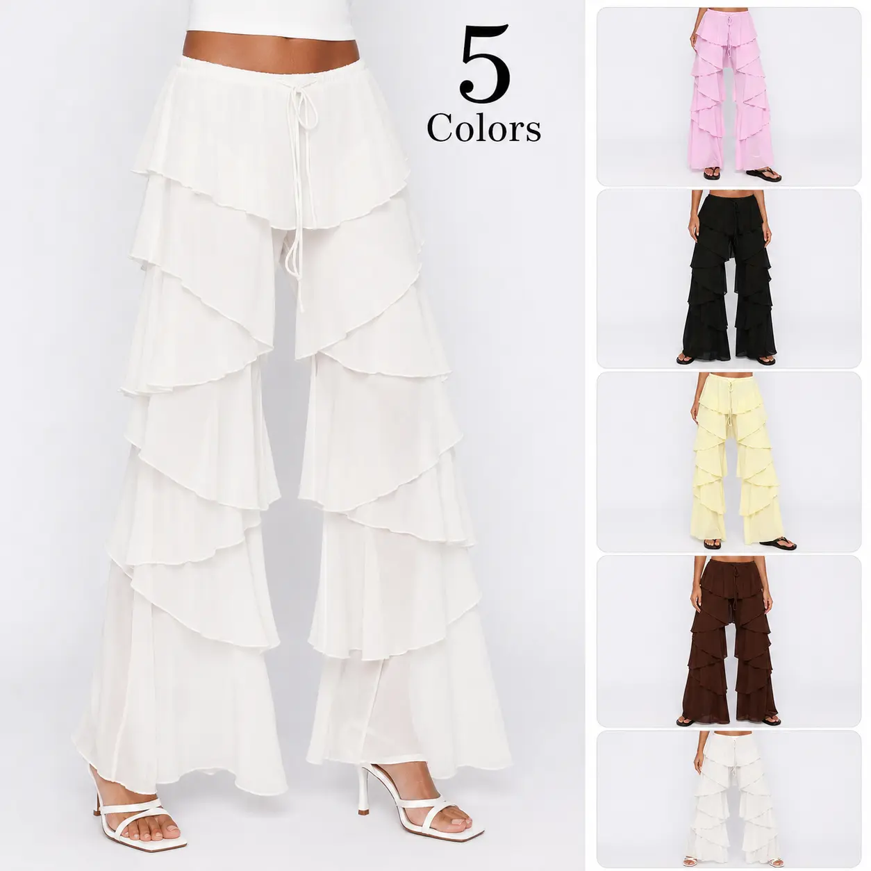 Women Tiered Ruffle Flare Pants Solid Chiffon Fabric Daily Vacation Outfit Elastic Drawstring Waist Multi Layer Cascading Ruffle Wide Leg Sheer Layered Bell Bottom Festival Trousers
