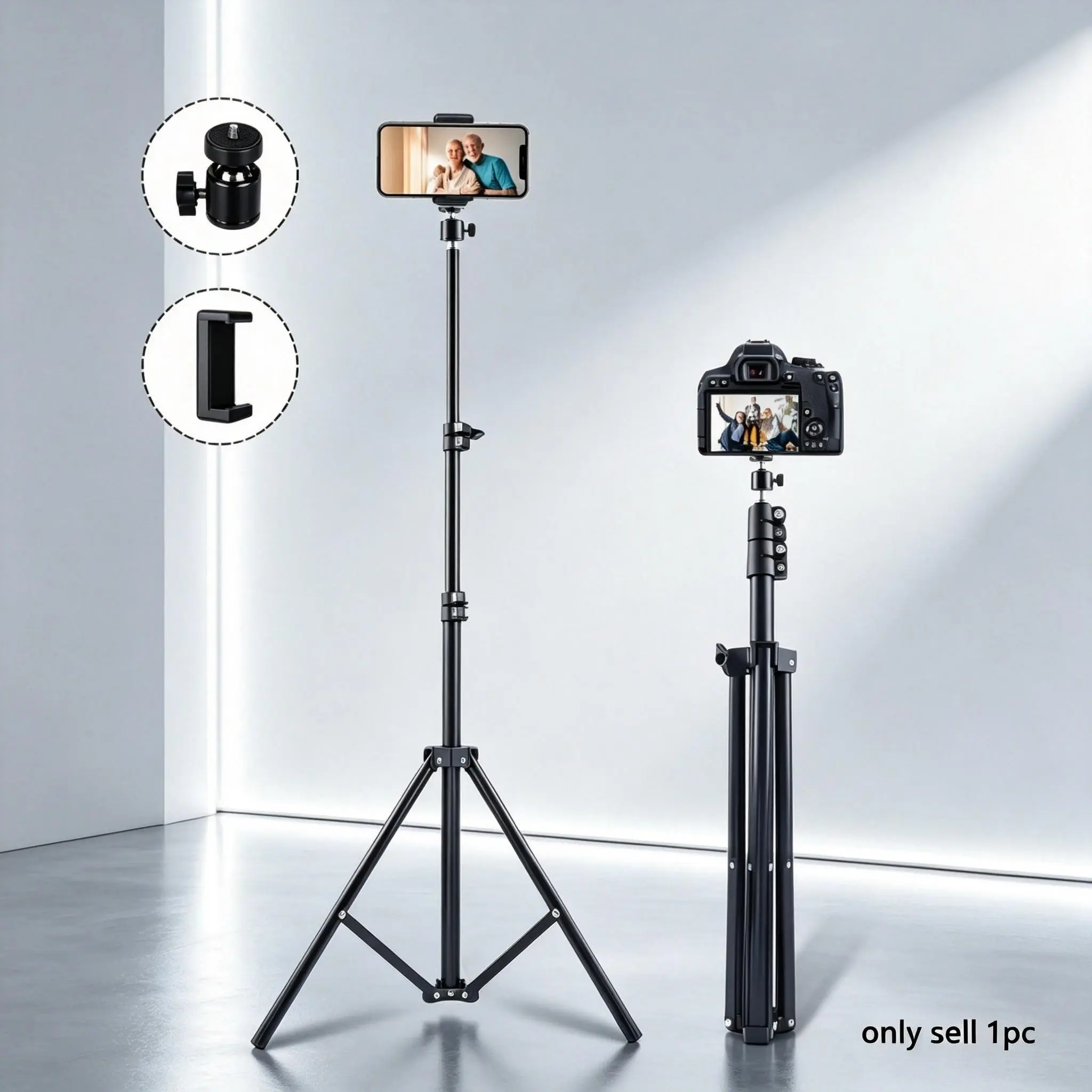 1.6m Aluminum Camera Tripod Set, Foldable Adjustable Three-Section Stand, Wide Base, 360° Ball Head, Compatible with Smartphones, Dslr, Action Cameras