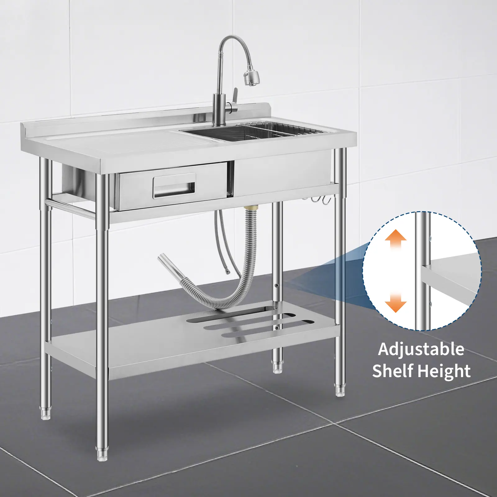 Stainless Steel Utility Sink, Commercial Freestanding Single Bowl Sink with Workbench, Drawer & Hot and Cold Pull-Out Faucet for Kitchen, Garage & Outdoor