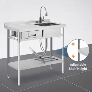 Stainless Steel Utility Sink, Commercial Freestanding Single Bowl Sink with Workbench, Drawer & Hot and Cold Pull-Out Faucet for Kitchen, Garage & Outdoor