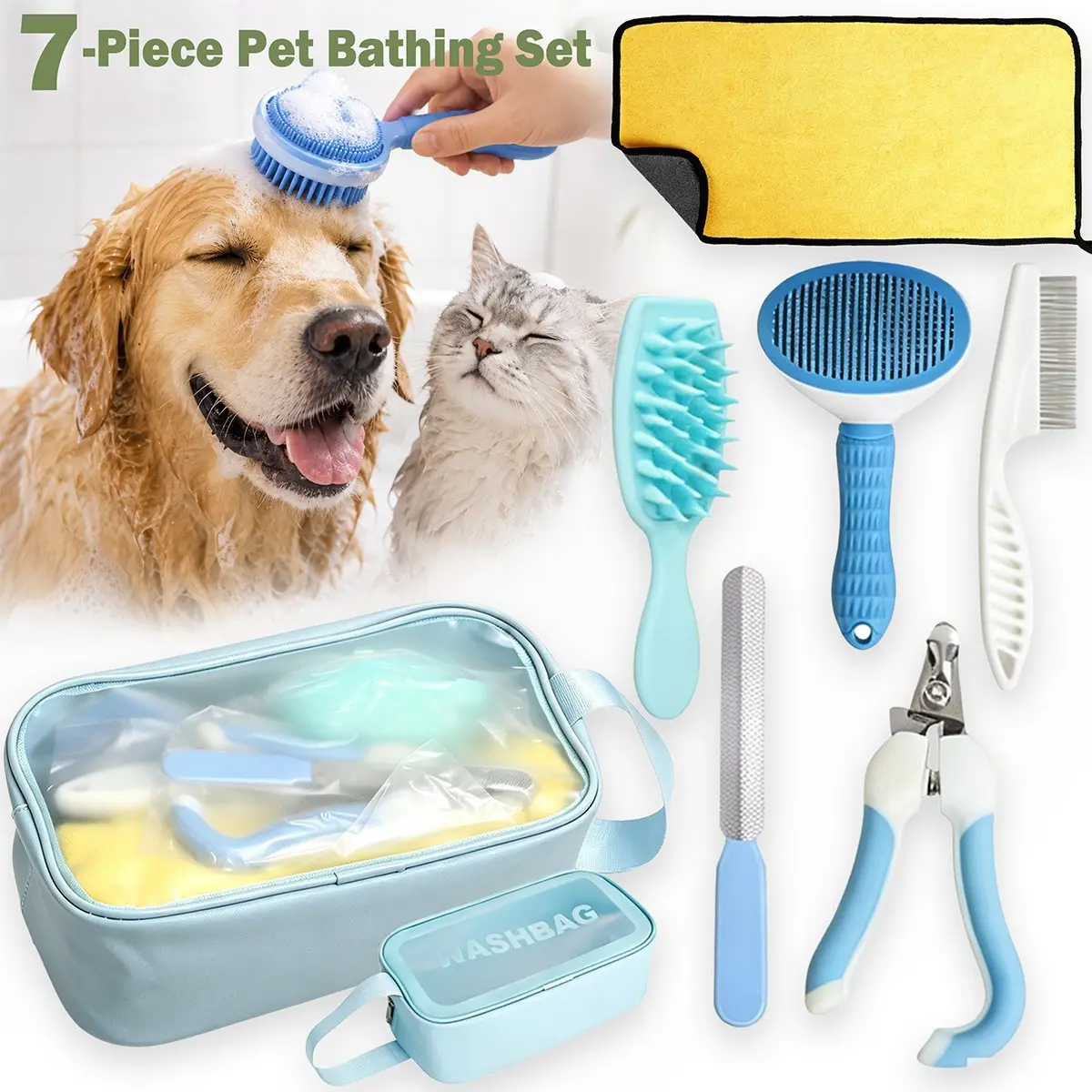 7-in-1 Pet Grooming Kit for Dogs & Cats, Bath Brush, Slicker Brush, Nail Clipper, Flea Comb, Nail File, Quick-Dry Towel & Portable Storage Bag, Complete Home Grooming Set
