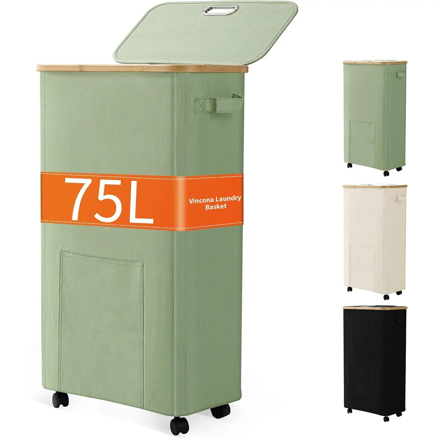 Laundry Basket with Wheels, Dirty Clothes Hamper on Wheels, Rolling Tall Laundry Hamper with lid for Laundry Room, Dorm and Bathroom, 75L Sage Green