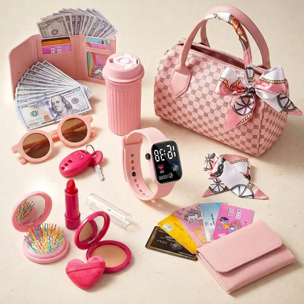 Princess Mini Pretend Play Purse Set for Toddler Girls - 31PCS Makeup Toy with Face Powder, Powder Puff, Hairbrush, Leather Designer Handbag, Silk Scarf, Car Keys, Credit Card, Heart Sunglasses, Party Favors, Birthday Gift for 3-6+ Year Olds