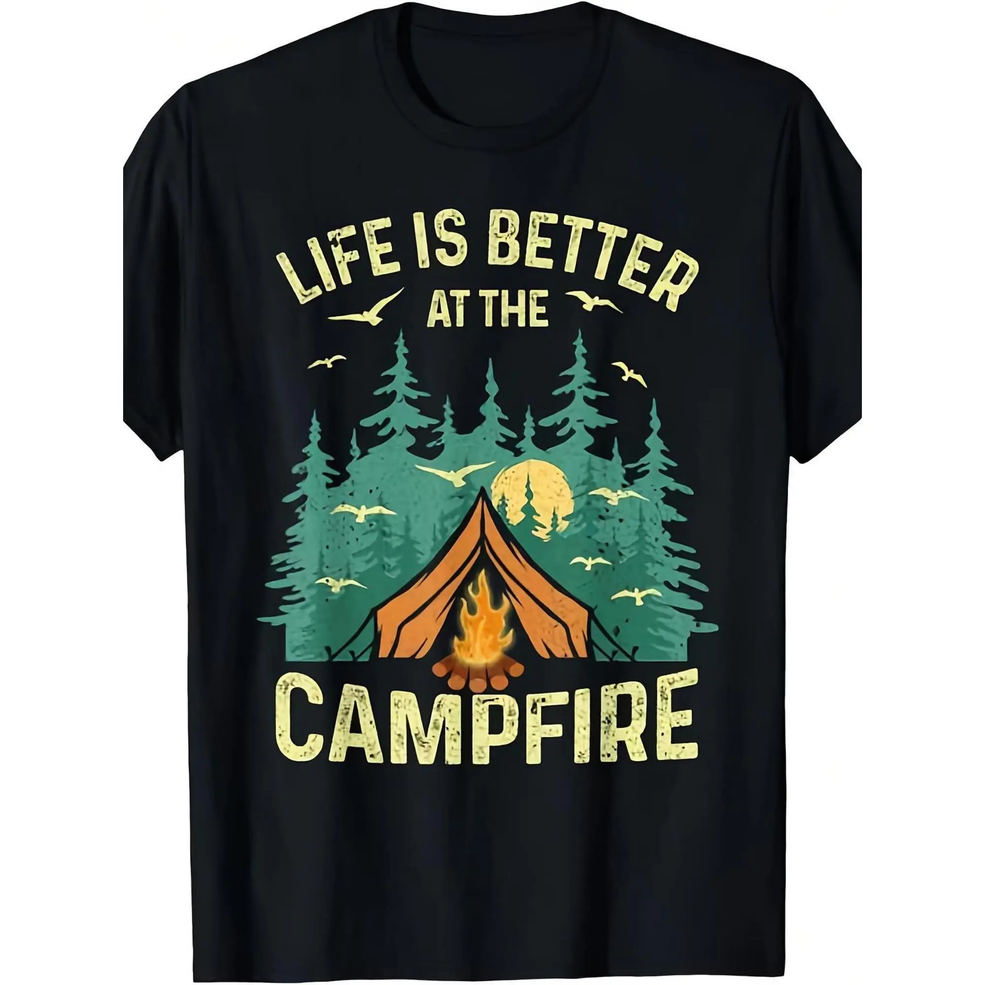 Men's Soft Cotton Bohemian Retro Streetwear T-Shirt - Moisture Wicking, Breathable Shortsleeve, Simple Campfire & Pine Tree Design, Outdoor Camping Fit, Machine Washable, Plus Size