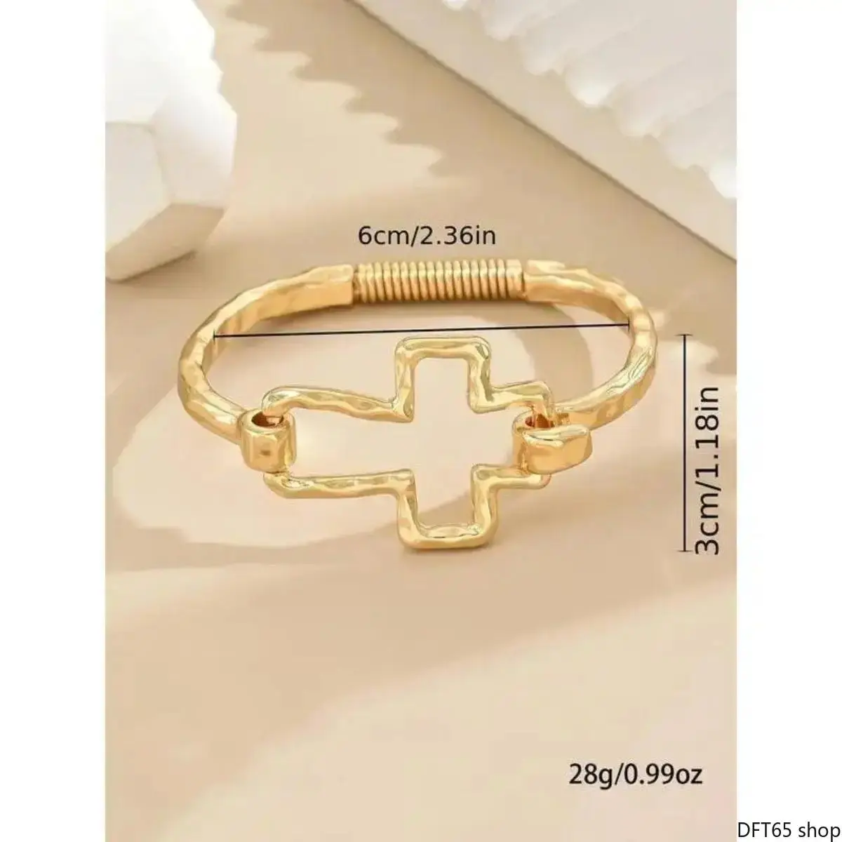 Adjustable Minimalist Bangle - Open Cuff Bracelet in Polished Alloy, Golden Tone DIY Bag Accessory with Cute Cross Design, Minimalist Cross Sculpture & Flexible Adjustable Opening, for Women & Daily Wear