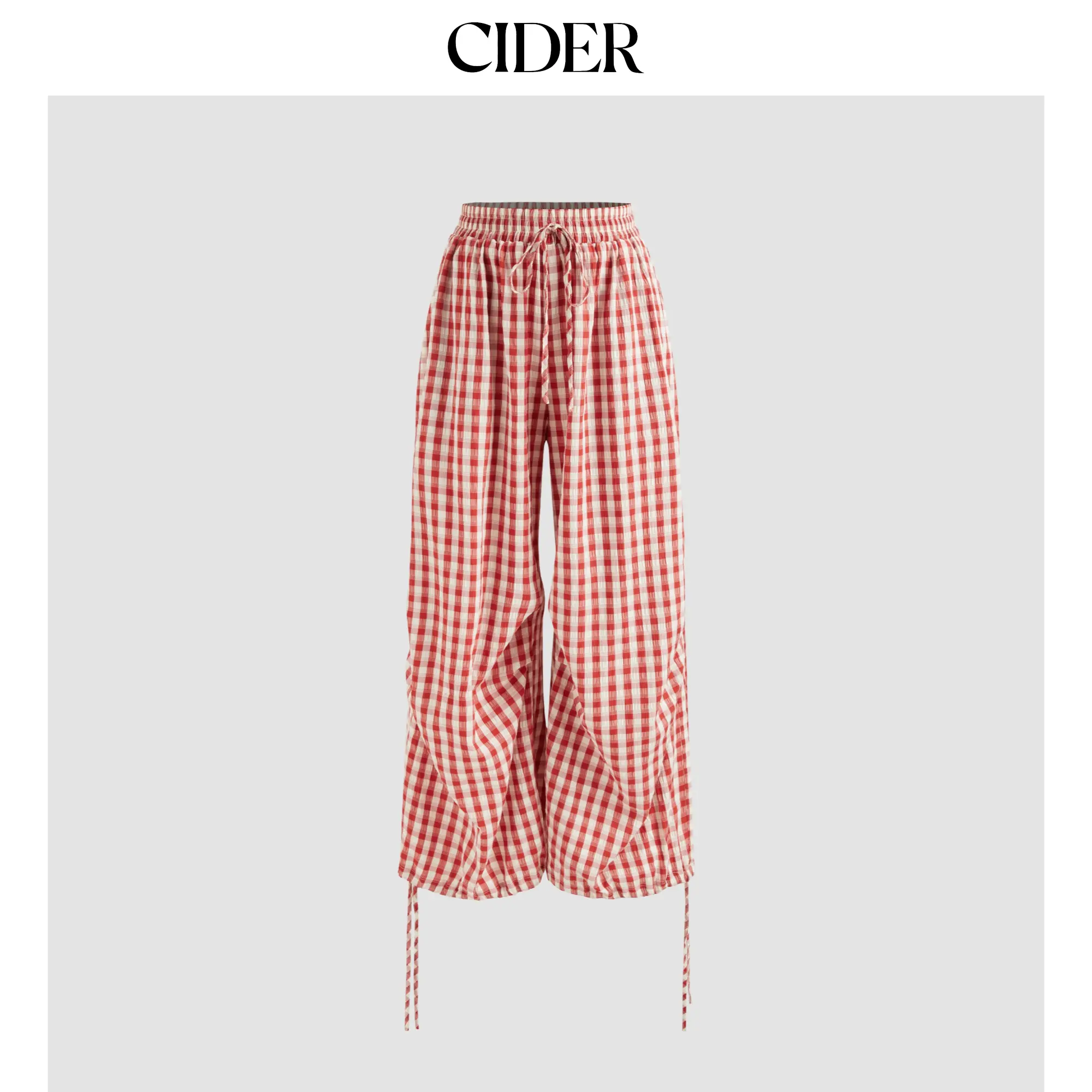 Women's Gingham Pattern Casual Loose Pants, Mid-Rise Knotted Drawstring Wide-Leg Trousers with Pockets, Womenswear Bottoms (Sizes 0-26)