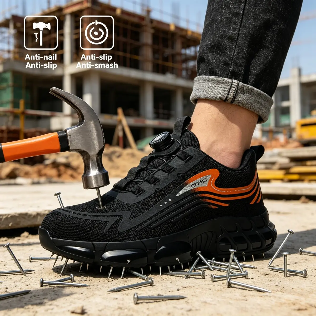 Men's Steel Toe Safety Sneakers, Lightweight Mesh Work Shoes with Rotating Buckle, Puncture-Proof & Non-Slip for Industrial Workers, Walking Shoes, Footwear, Lace, Fashion, Braid, Polyester, Foldable, Athletic, Construction, Heavy Duty, Non Slip Shoes For