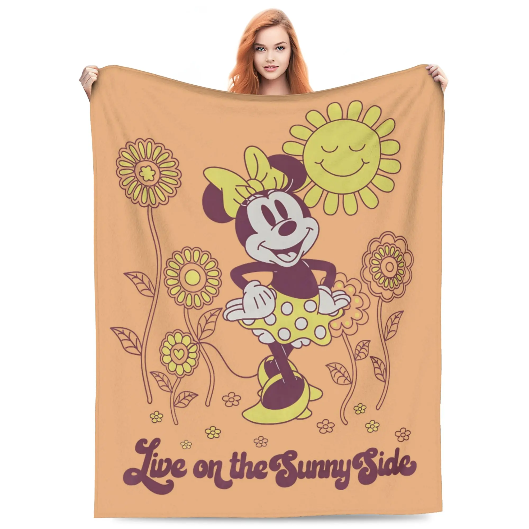 DISNEY CLASSIC Retro Minnie Mouse Live On The Sunny Side Throw Blanket, Boho Floral Happy Sun Cartoon Print Flannel Fleece Blanket Soft Cozy Blanket for Sofa Bed Gift for Girls