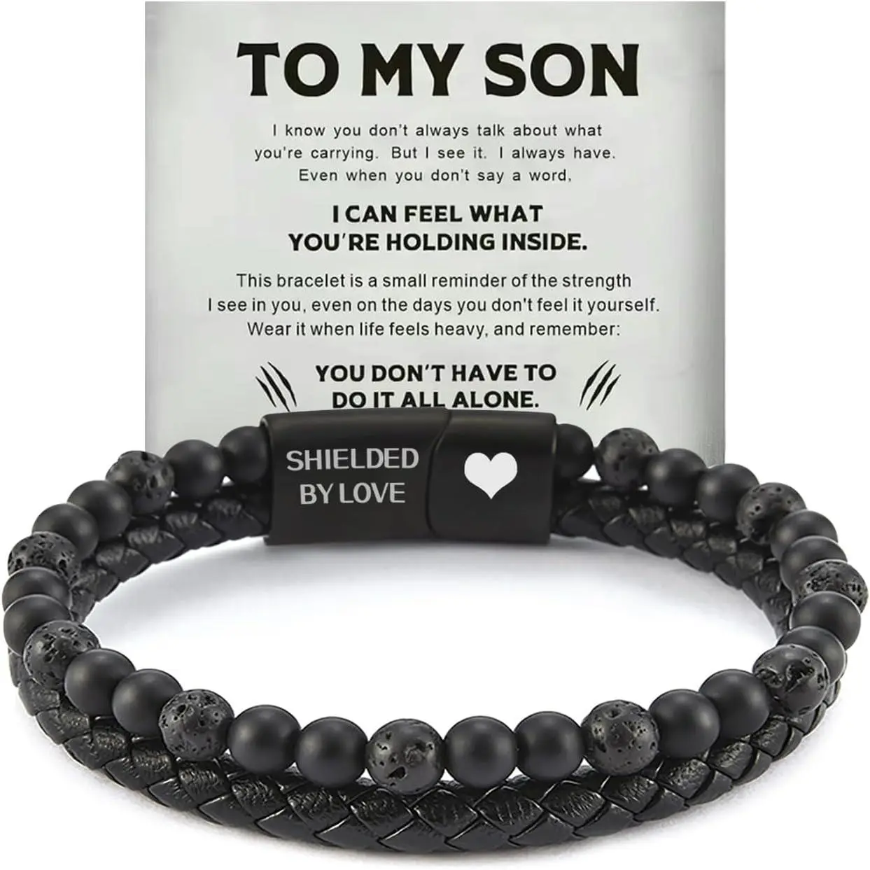 The Guardian - Son's Tiger Eye Protection Bracelet for Men, To My Son Bracelet from Mom Leather Black Beaded Bracelet,  Cuff Inspirational  for  for Christmas Birthday