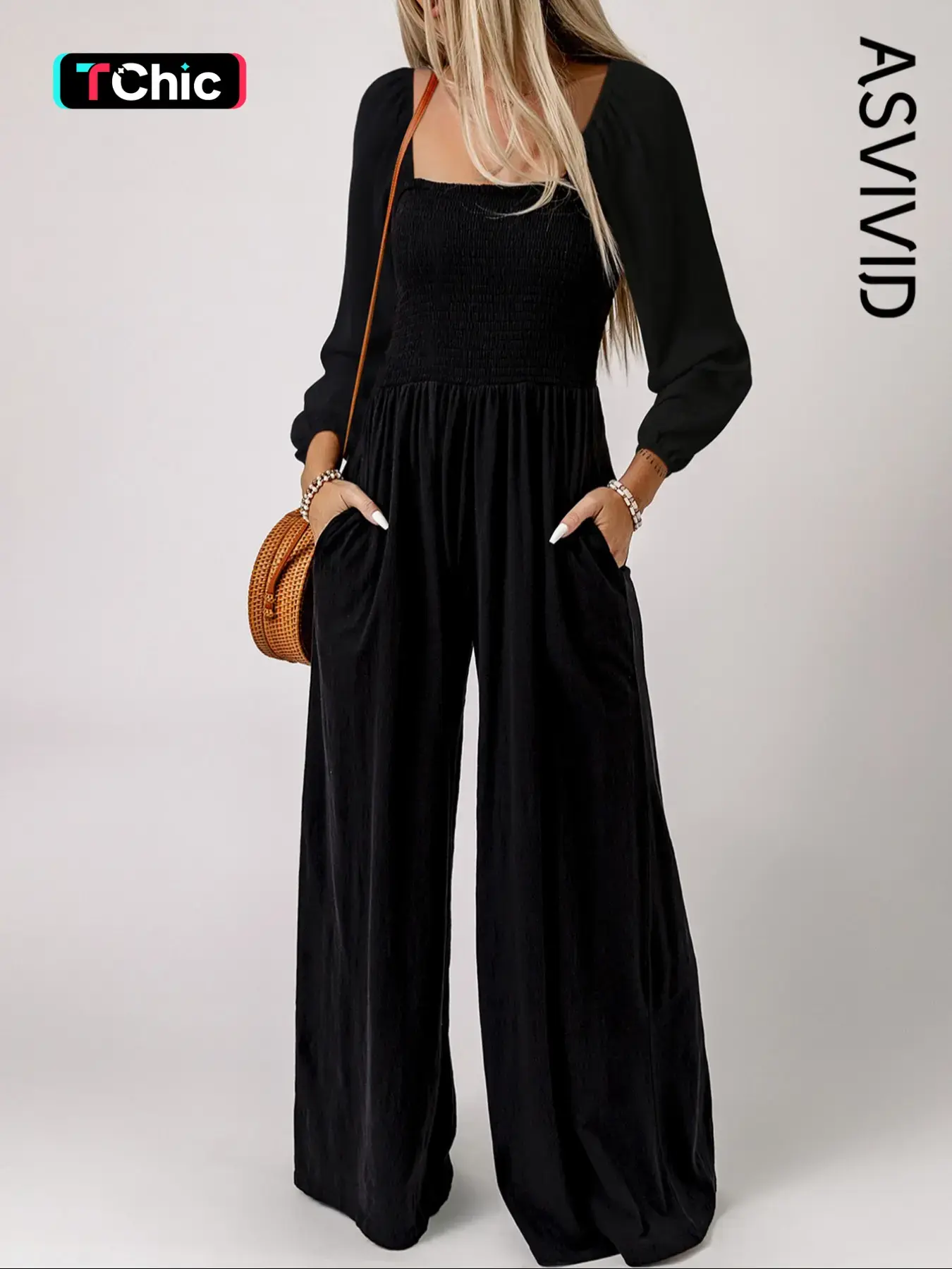 Women's Plain Ruched Shirred Pocket Wide Leg Flowy Jumpsuit, Casual Bishop Sleeve Square Neck Jumpsuit for Spring & Fall, Ladies Clothes for Daily Wear