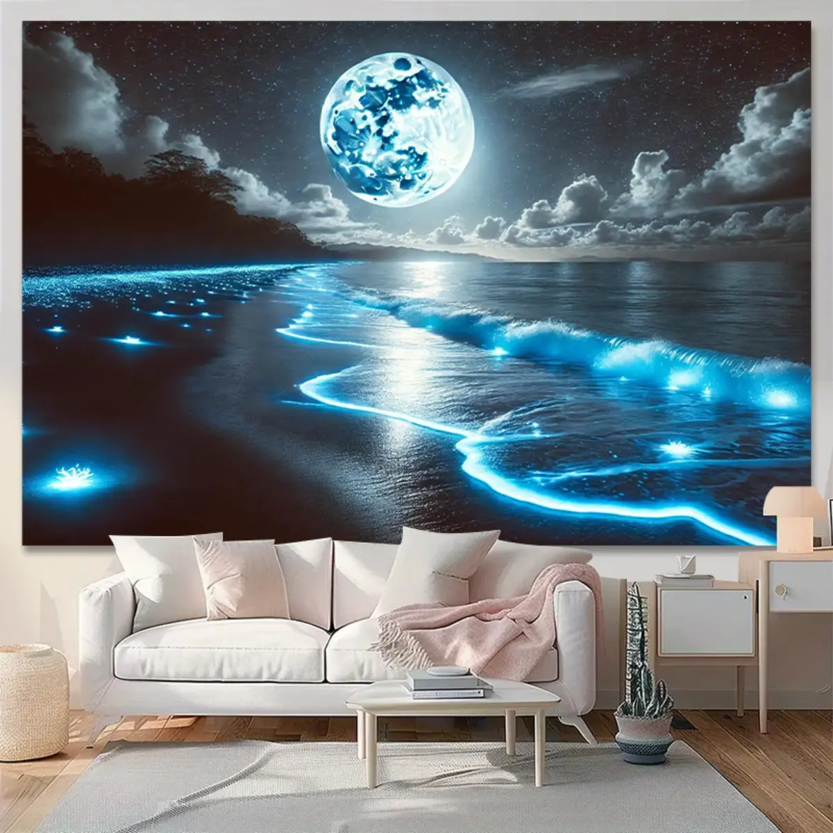 1pc Glowing Bioluminescent Waves & Moon Beach Tapestry - Self-Lit Night Glow Wall Hanging for Indoor/Outdoor, Power-Free Blue Glow (No) - Magical Ocean Party Decor for Weddings, Birthdays, Glow-in-the-Dark Room