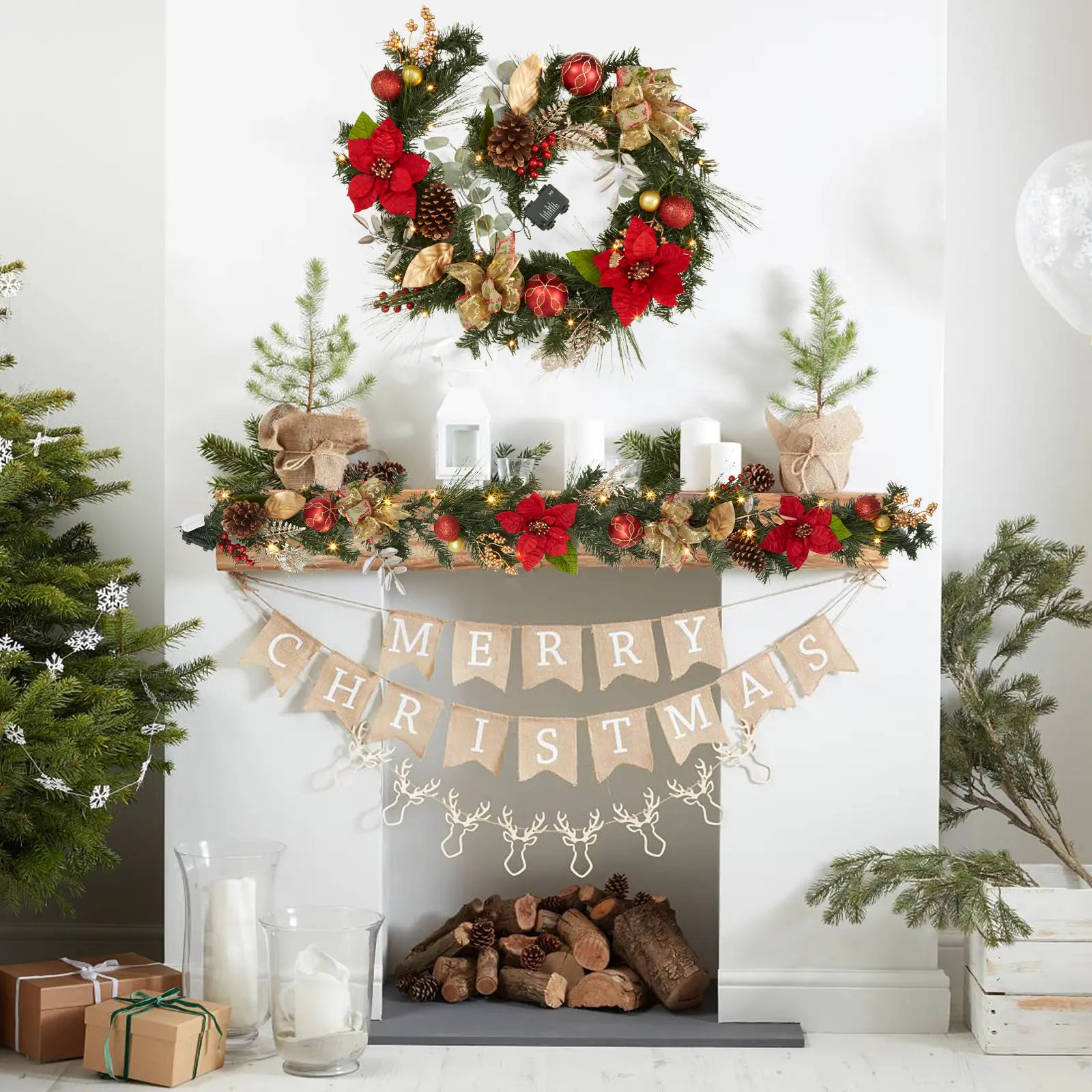 6ft Christmas Garland, Pre-Lit Xmas Garland with Lights, Battery Powered Christmas Garland with Pine Cones, Berries, Bows, Flowers, Ball Ornaments for Fireplace Mantle Decor