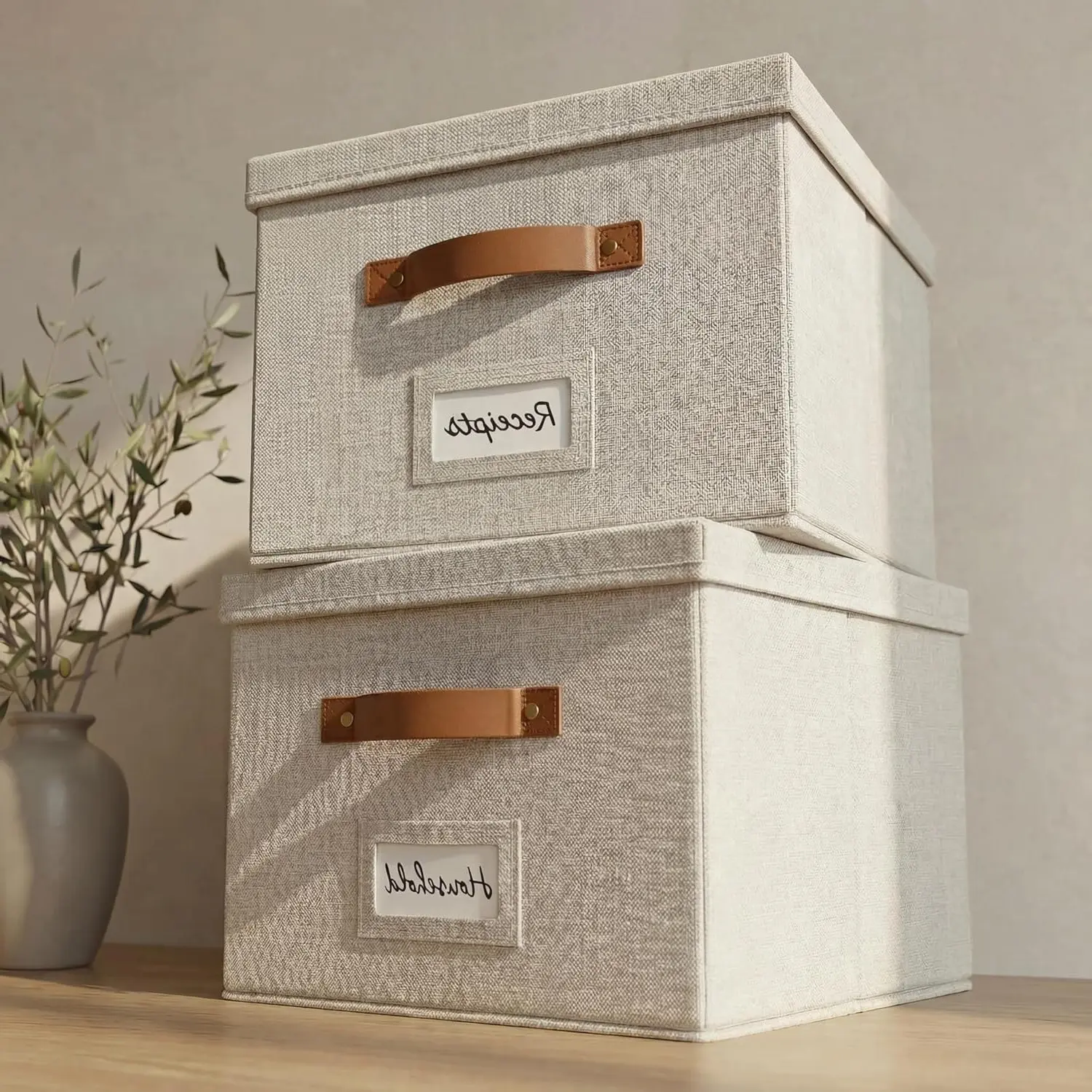 Decorative File Organizer Box Set of 2 - Collapsible Linen Filing Cabinet with Lid and Handles, Portable Storage for Documents & Hanging File FoldersGift