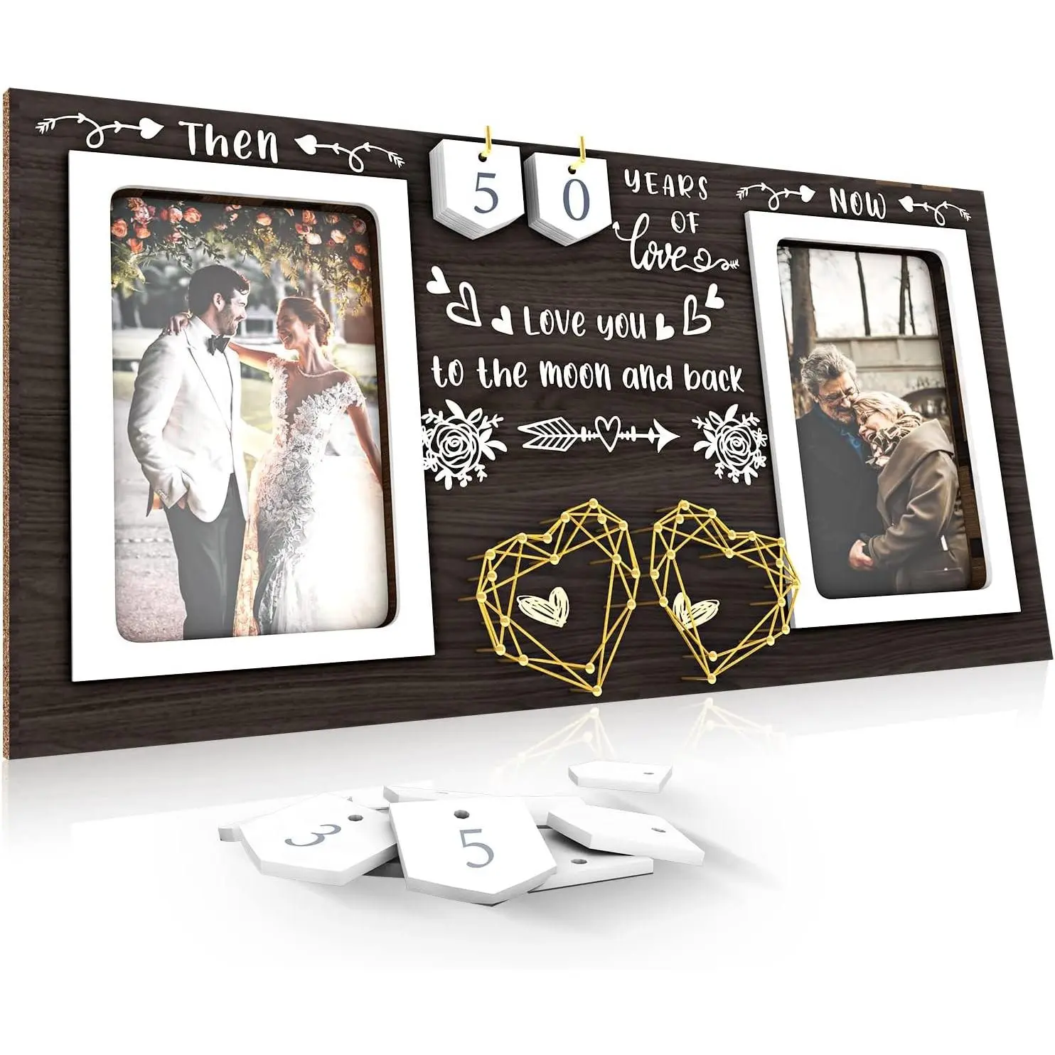 Then & Now Anniversary Picture Frame - Wood Photo Frame Holds 2 4x6 Inch Photos, Wedding Engagement Bridal Shower Gift for CouplesGift