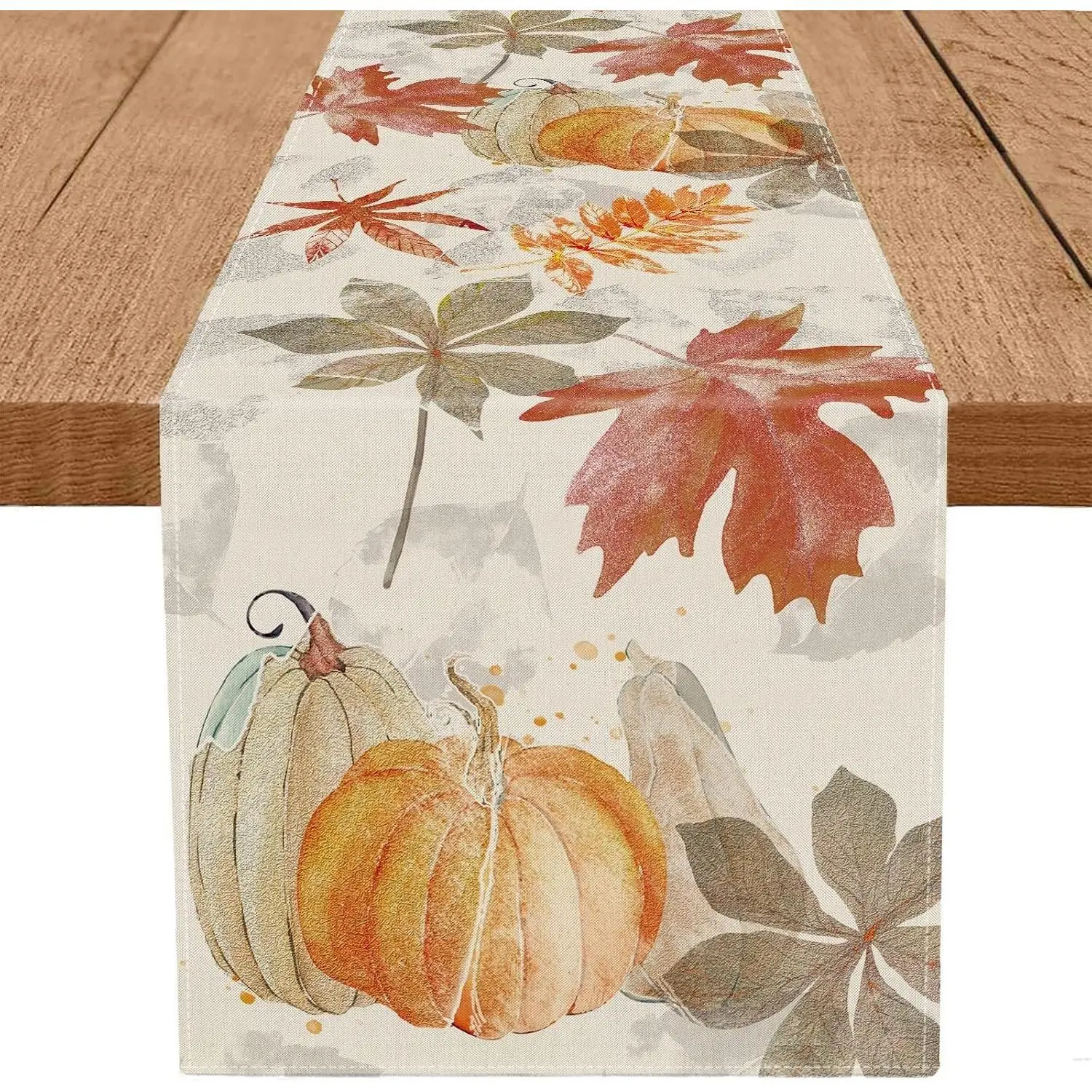 Fall Table Runner Pumpkin Maple Leaf Watercolor  Table Runners Seasonal Autumn Thanksgiving Harvest  Kitchen Dining Party Decorations 13x48 Inch