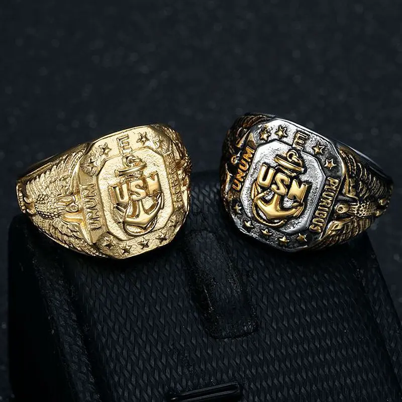 Men's US Navy USN Anchor Eagle Military Signet Ring - 2-Tone Stainless Steel Waterproof Band, Corrosion-Resistant, Artificial Gemstone Jewelry Accessory, Ideal Gift for Veterans