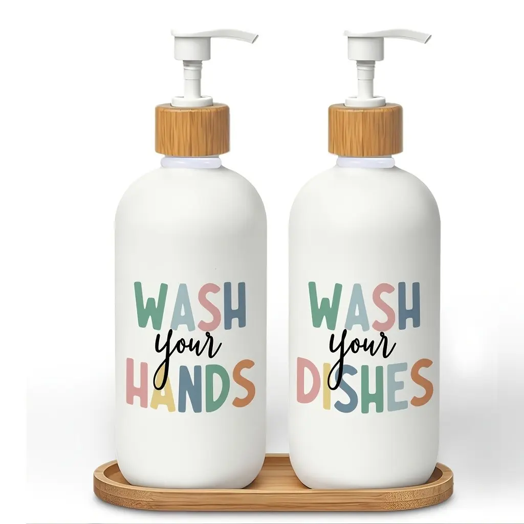Hand and Dish Soap Dispenser Set with tray Wash Your Hands & Dishes Plastic Soap Dispenser Refillable Handsoap Pump Bottle  for Bathroom Countertop Kitchen