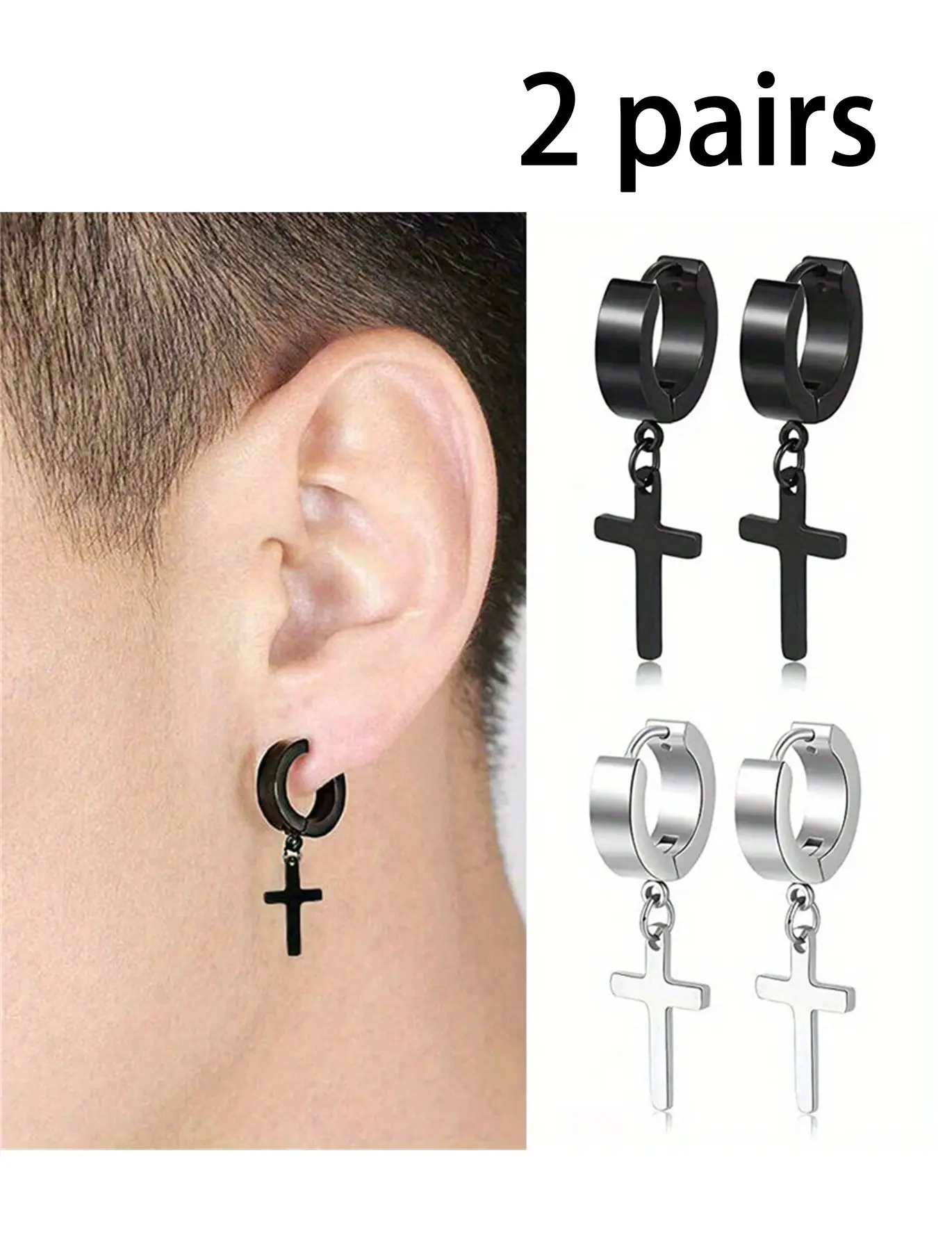 2 Pairs Punk Hoop Earrings, Ear Hoops, Stainless Steel Cross Clip-On Earrings, Unisex Fashion Jewelry, Trendy Streetwear Accessories