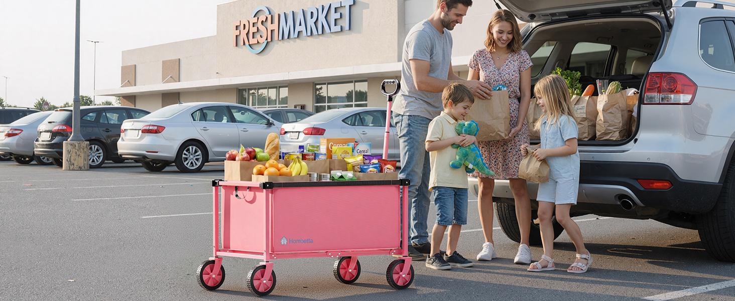 Collapsible Wagon Cart with Wheels, 150L Lightweight Foldable Cart, Rolling Wagon for, Shopping, Sports, Camping, Transport, Pink